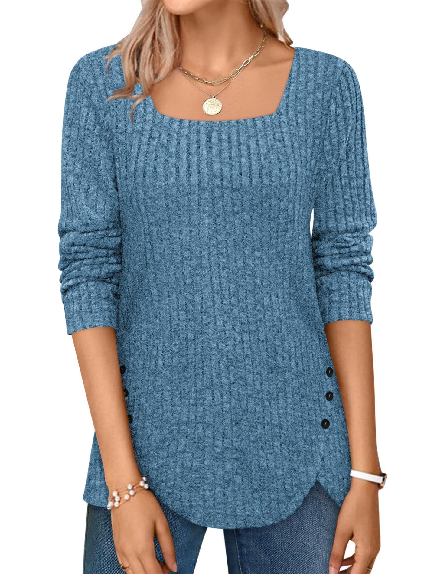 ✨Squared Neck Sweater Ribbed Knit Tunic Tee Shirts(Buy 2 Free Shipping)