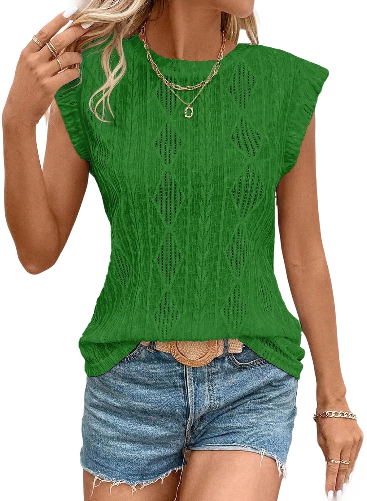 ✨Women's Cap Sleeve Lightweight Crochet Knit Texture Top
