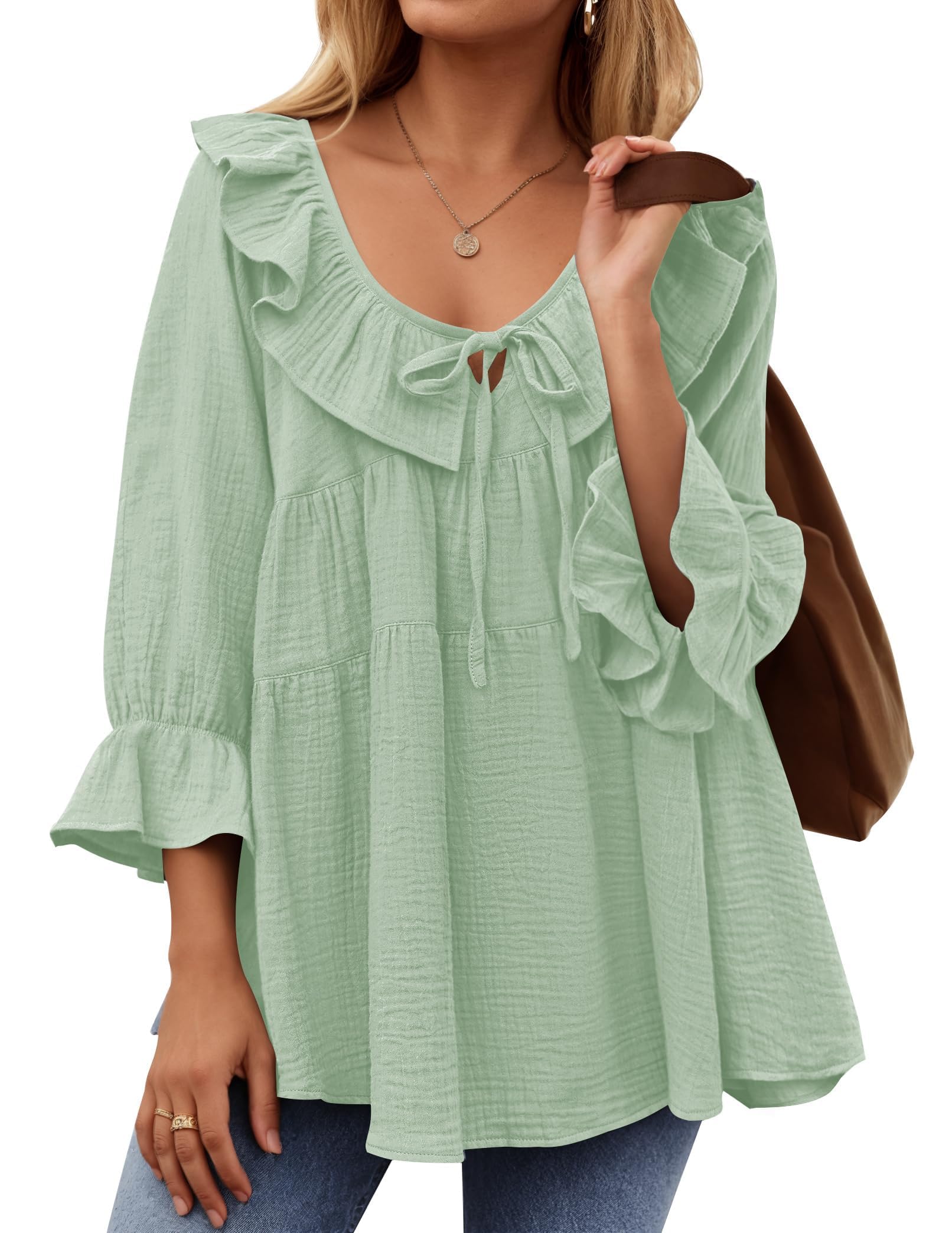 ✨2025 New Women’s Scoop Neck 3/4 Length Sleeve Tie Front Ruffle Tiered Tunic Shirts(buy 2 free shipping)