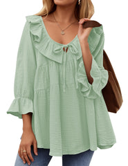 ✨2025 New Women’s Scoop Neck 3/4 Length Sleeve Tie Front Ruffle Tiered Tunic Shirts(buy 2 free shipping)