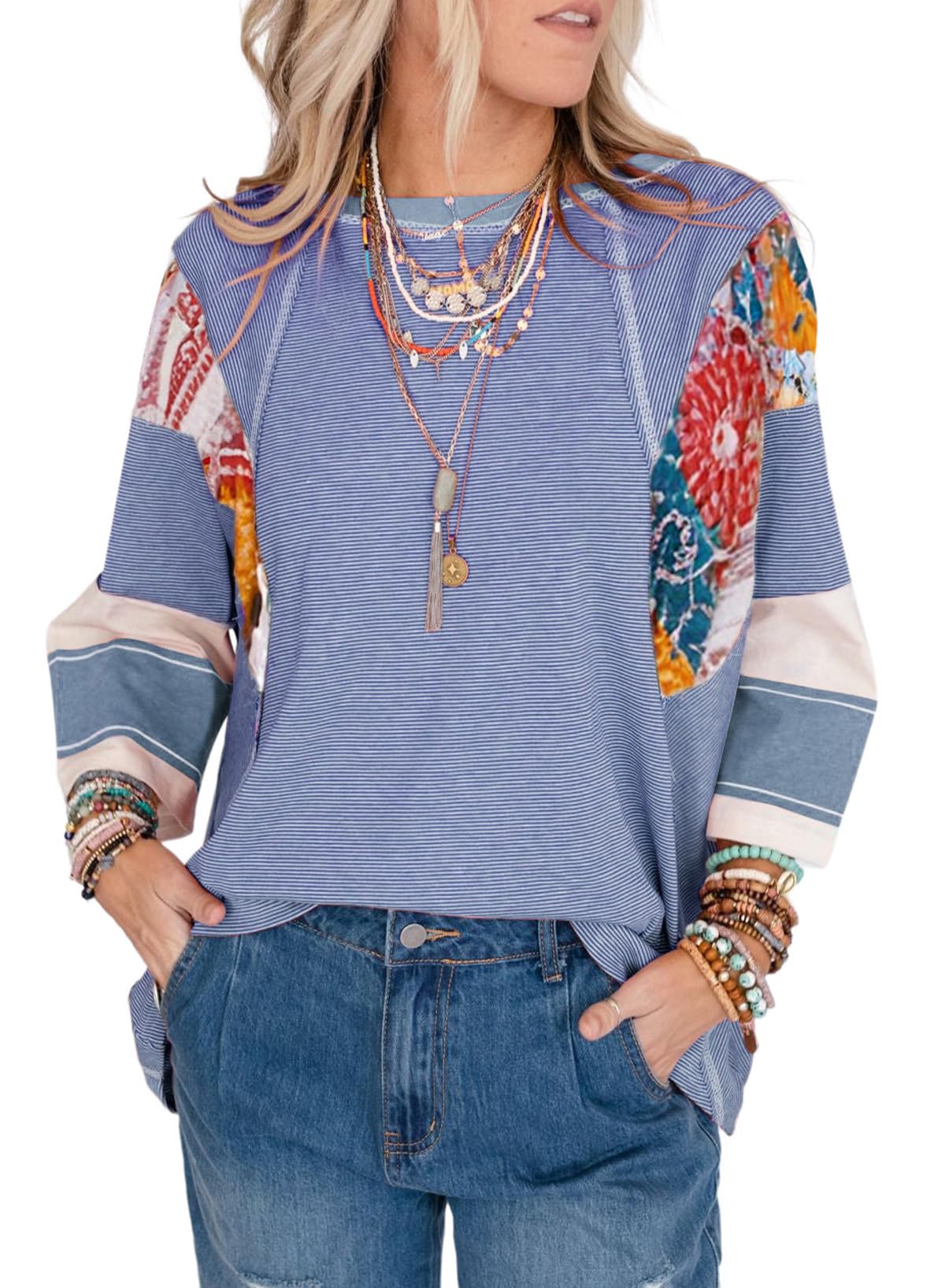 ✨Women's 3/4 Length Sleeve Oversized Striped Patchwork Shirts(buy 2 free shipping)