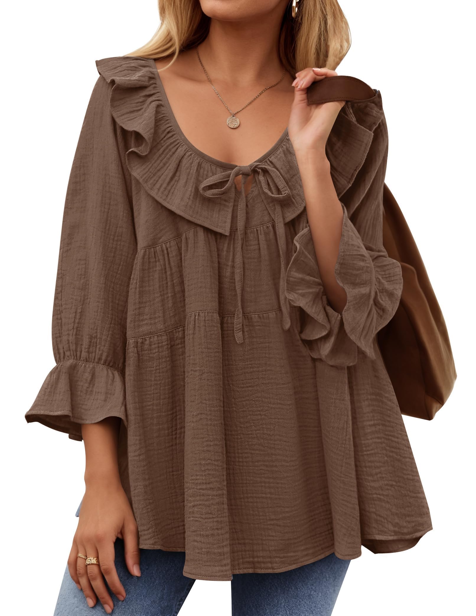 ✨2025 New Women’s Scoop Neck 3/4 Length Sleeve Tie Front Ruffle Tiered Tunic Shirts(buy 2 free shipping)