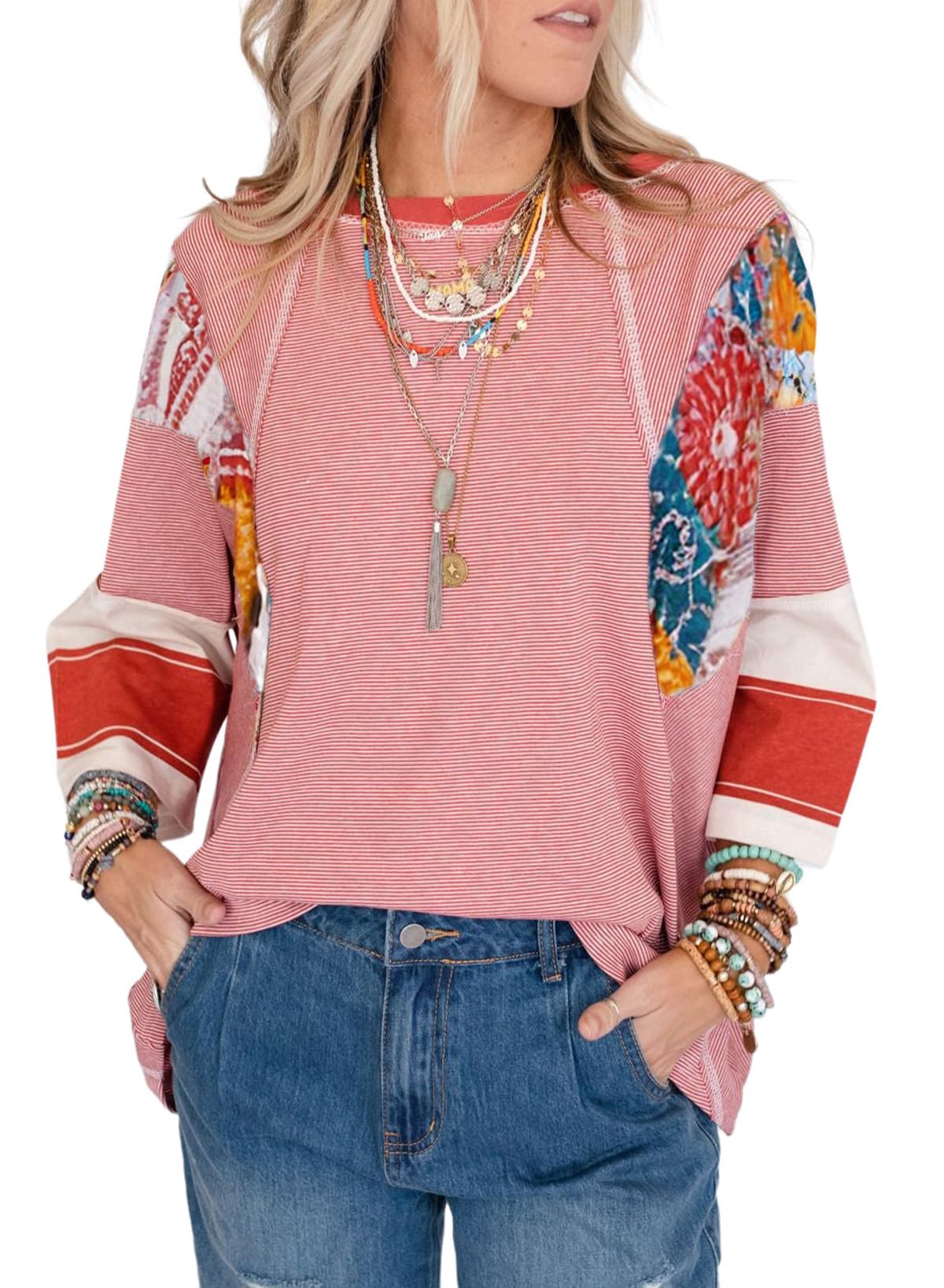 ✨Women's 3/4 Length Sleeve Oversized Striped Patchwork Shirts(buy 2 free shipping)