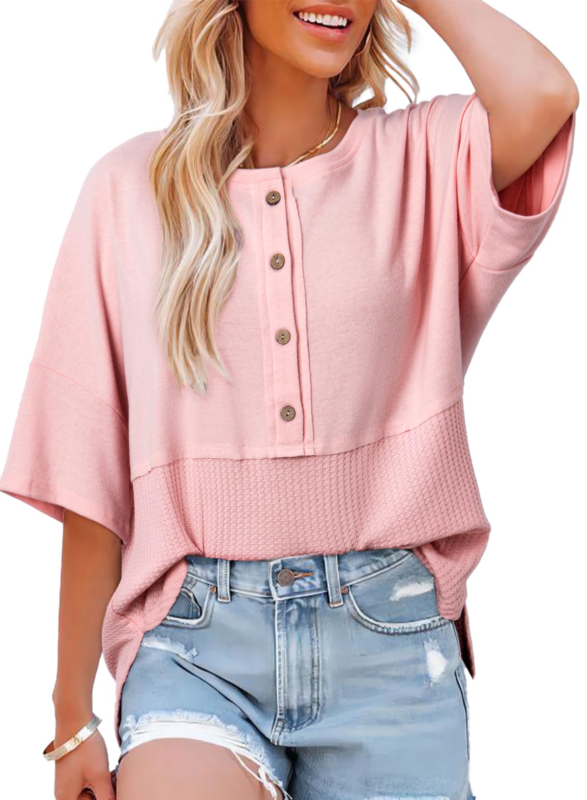 ✨Women's 3/4 Sleeve Casual Button Down Waffle Knit Tops(buy 2 free shipping)