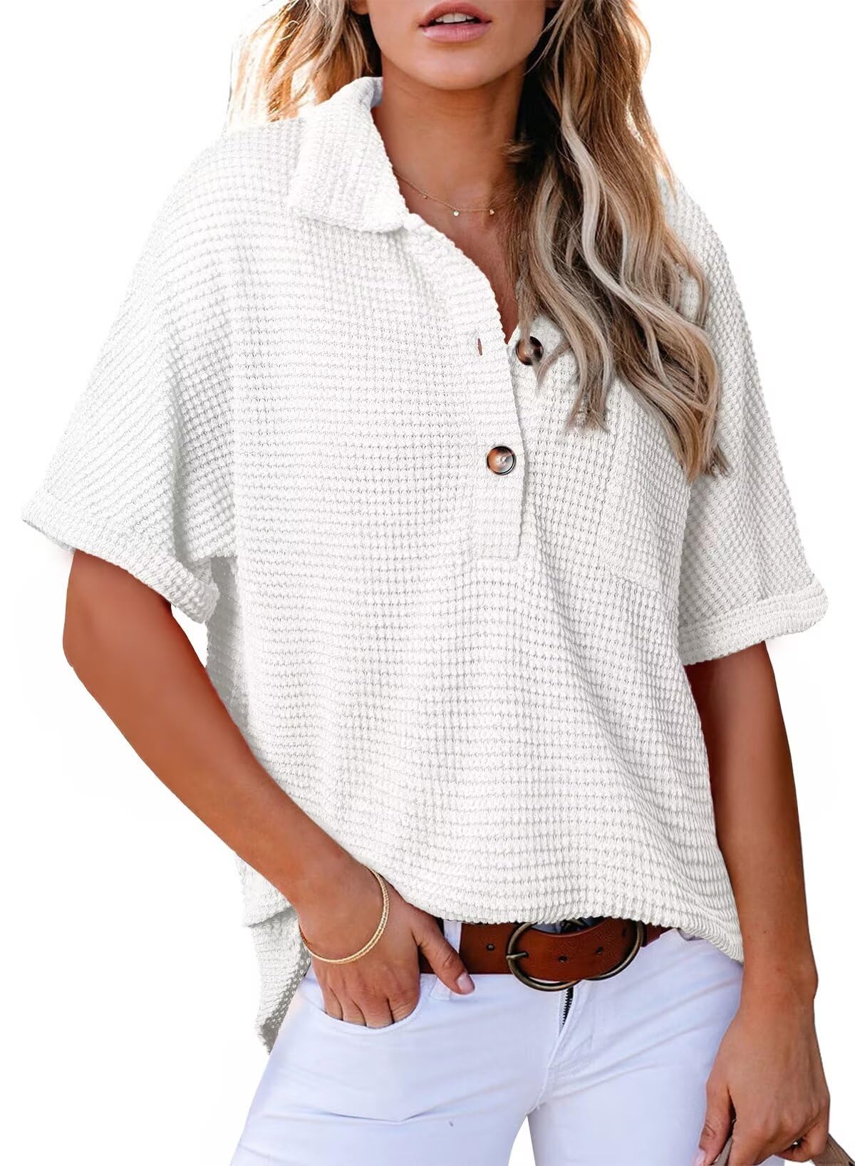 ✨2025 New Women's Waffle Knit Short Sleeve Tunic Henley Shirts