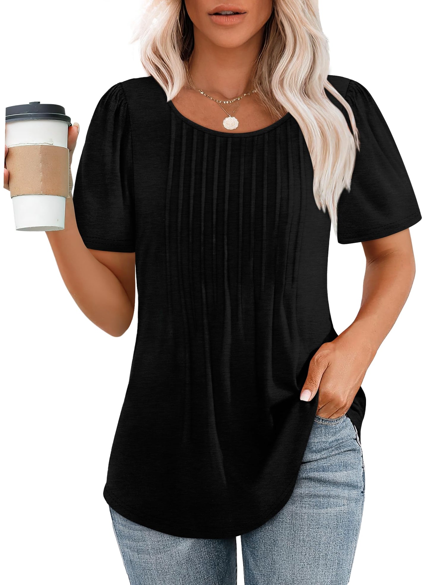 🌞Women's Short Sleeve Pleated Dressy Casual Scooped Neck Tops (Buy 3 Free Shipping)