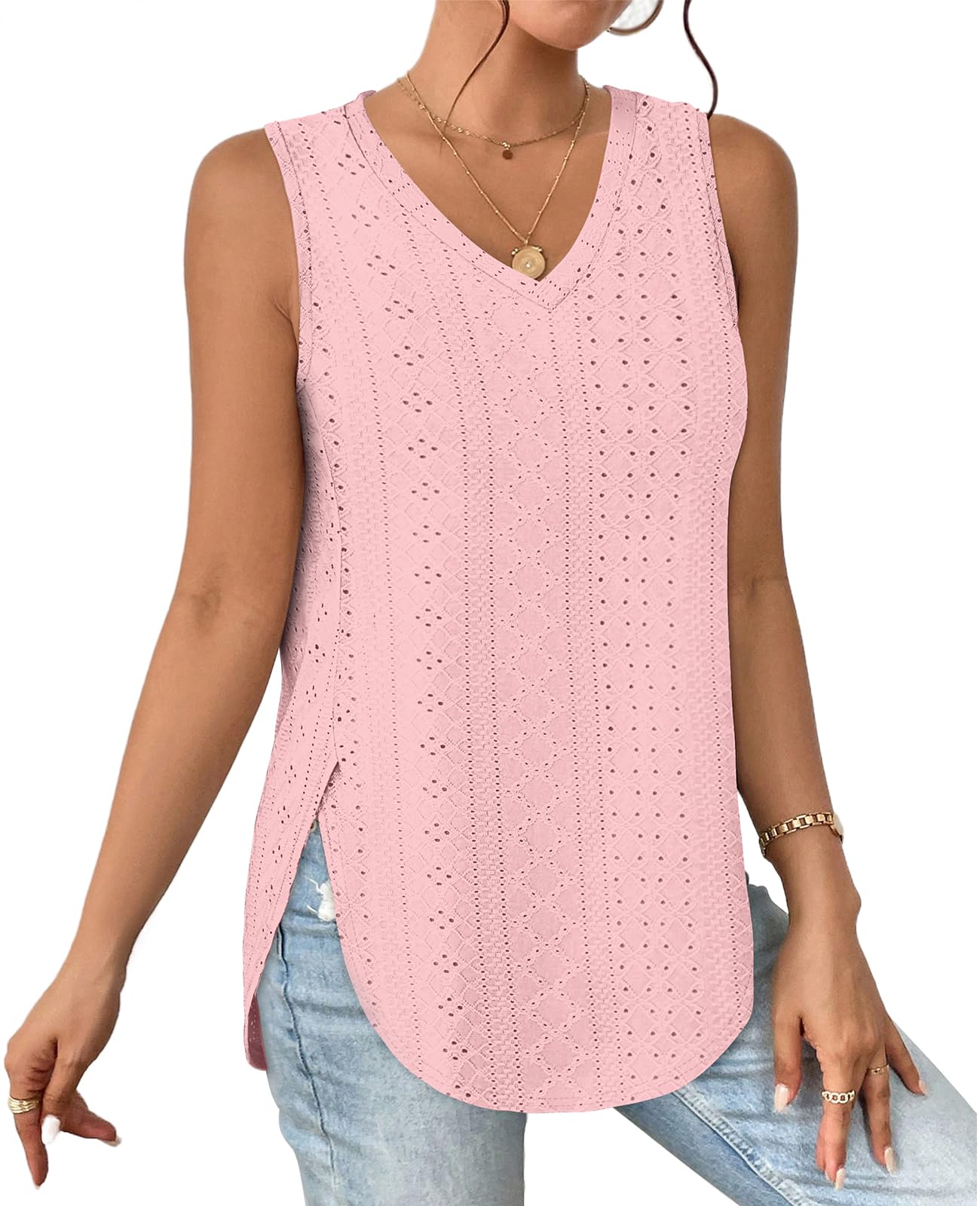 ✨ Womens V Neck Eyelet Embroidery Casaul Sleeveless Shirts(BUY 3 FREE SHIPPING)