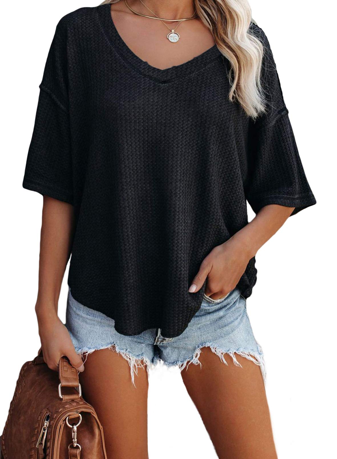 ✨Women's Causual V Neck Short Sleeve Shirts Waffle Knit Loose Tunic Tops(buy 3 free shipping)