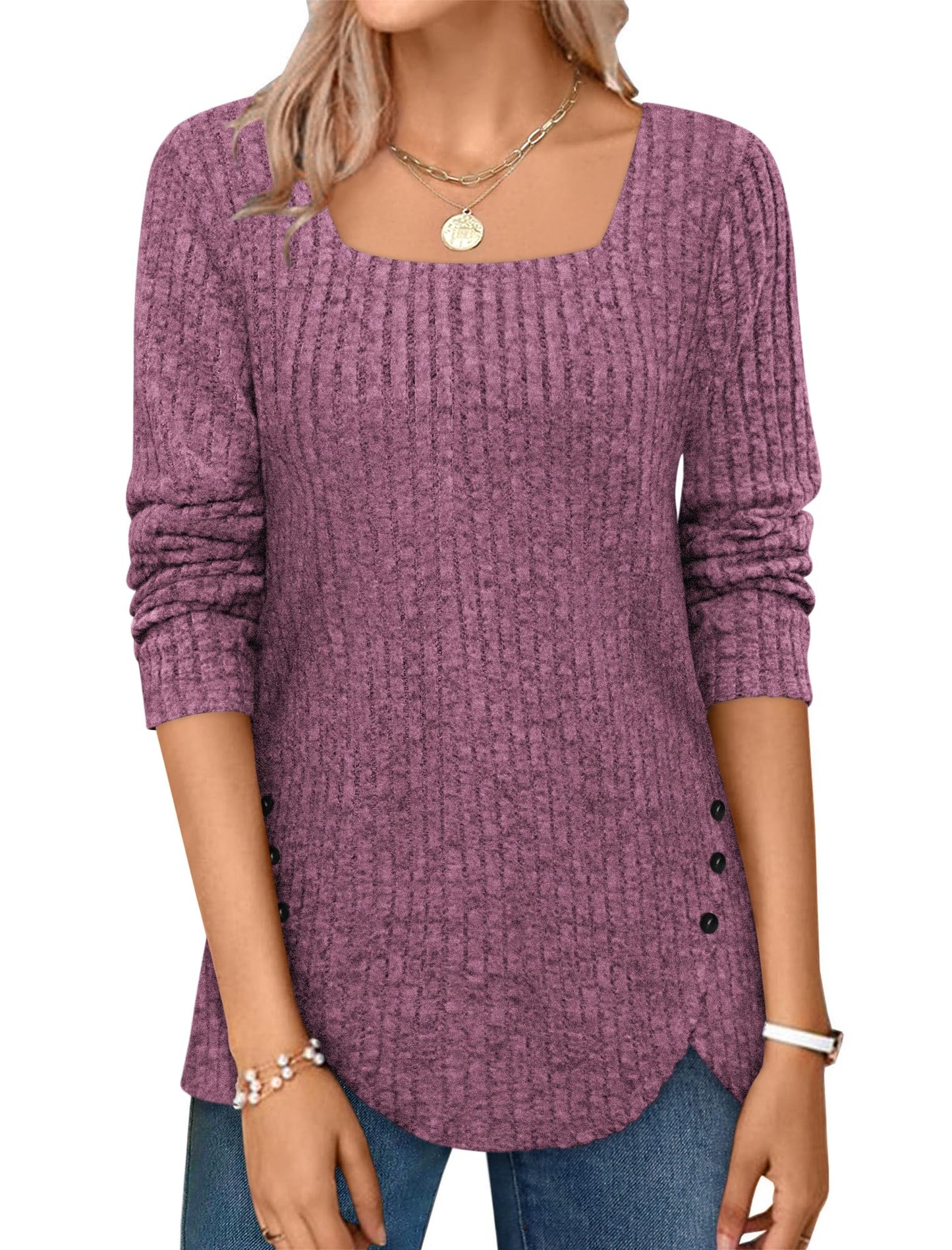 ✨Squared Neck Sweater Ribbed Knit Tunic Tee Shirts(Buy 2 Free Shipping)