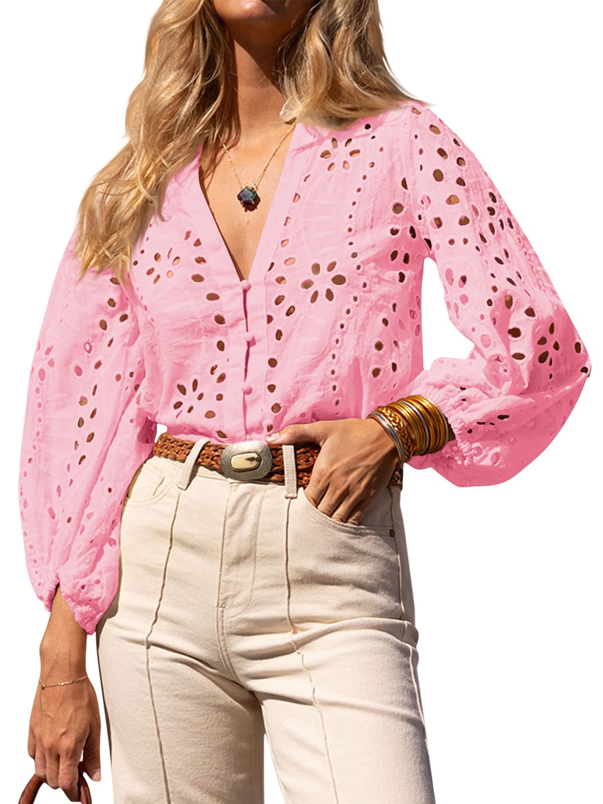 ✨Womens Summer Deep V Neck Eyelet Blouses Casual 3/4 Balloon Sleeve Button Down Shirts(buy 2 free shipping)