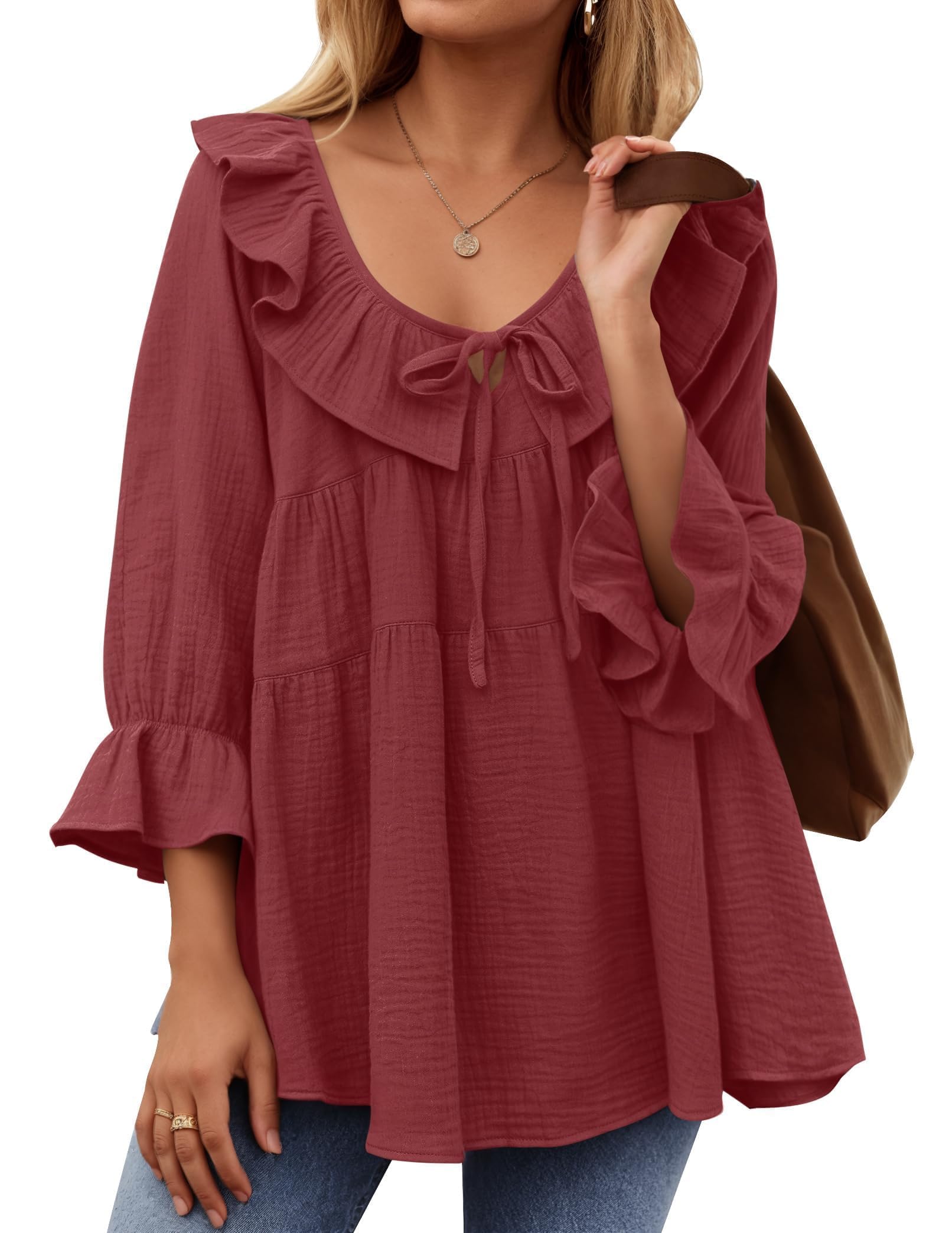 ✨2025 New Women’s Scoop Neck 3/4 Length Sleeve Tie Front Ruffle Tiered Tunic Shirts(buy 2 free shipping)