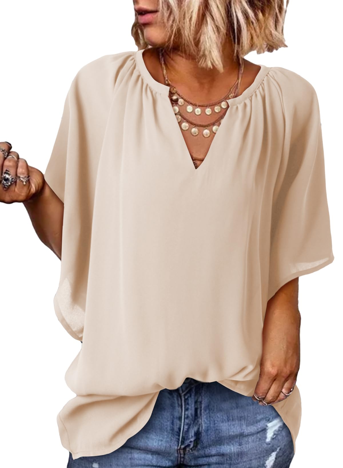 ✨ New Women's V Neck 3/4 Batwing Sleeve Blouse Pleated Flowy Tunic Tops