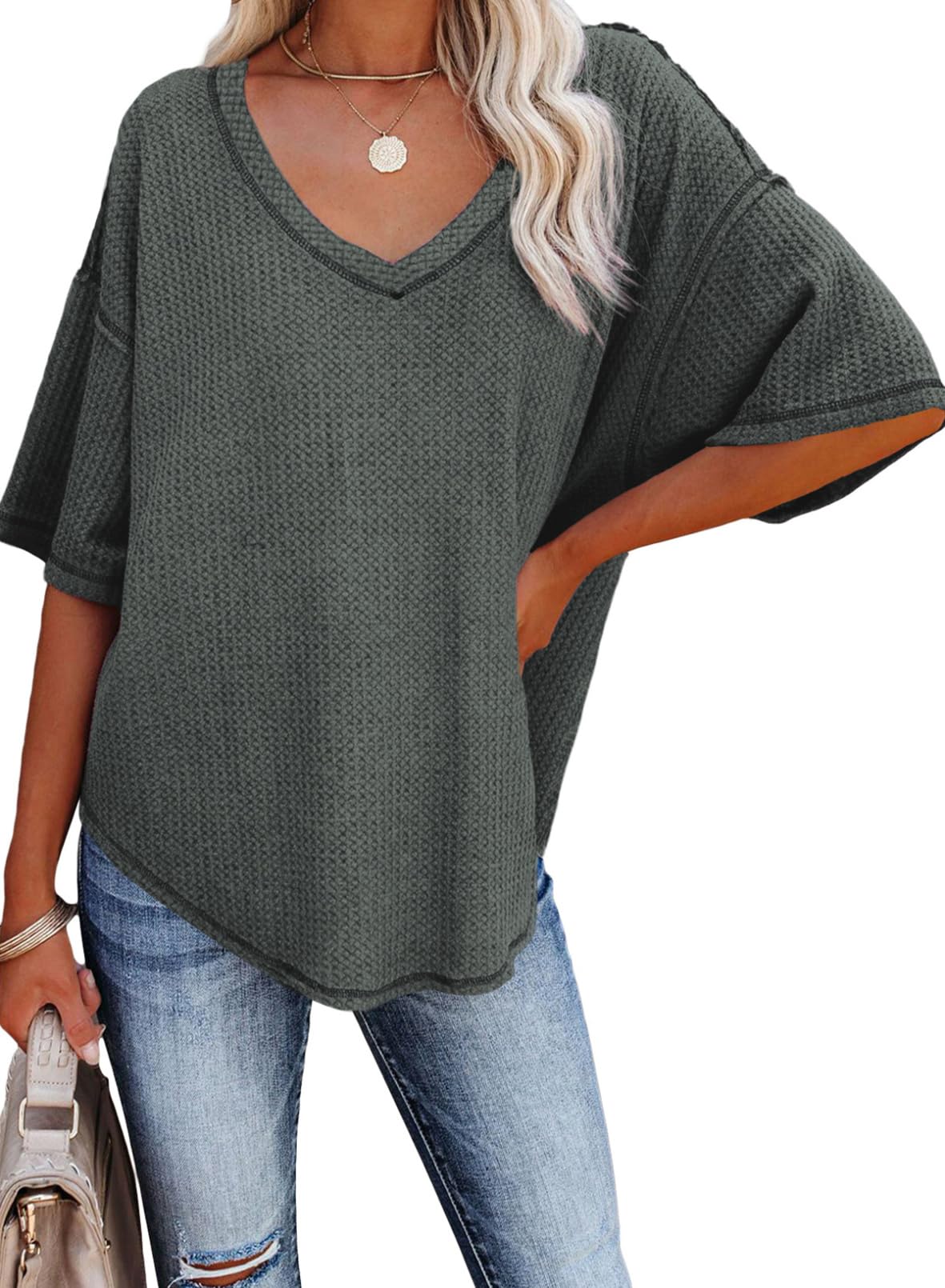 ✨Women's Causual V Neck Short Sleeve Shirts Waffle Knit Loose Tunic Tops(buy 3 free shipping)