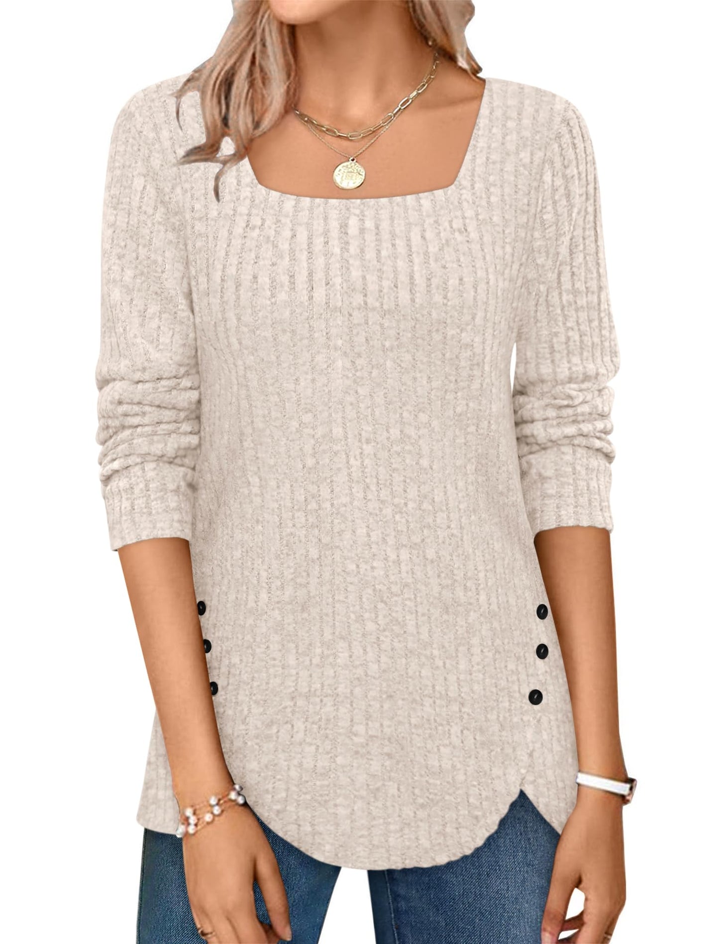 ✨Squared Neck Sweater Ribbed Knit Tunic Tee Shirts(Buy 2 Free Shipping)