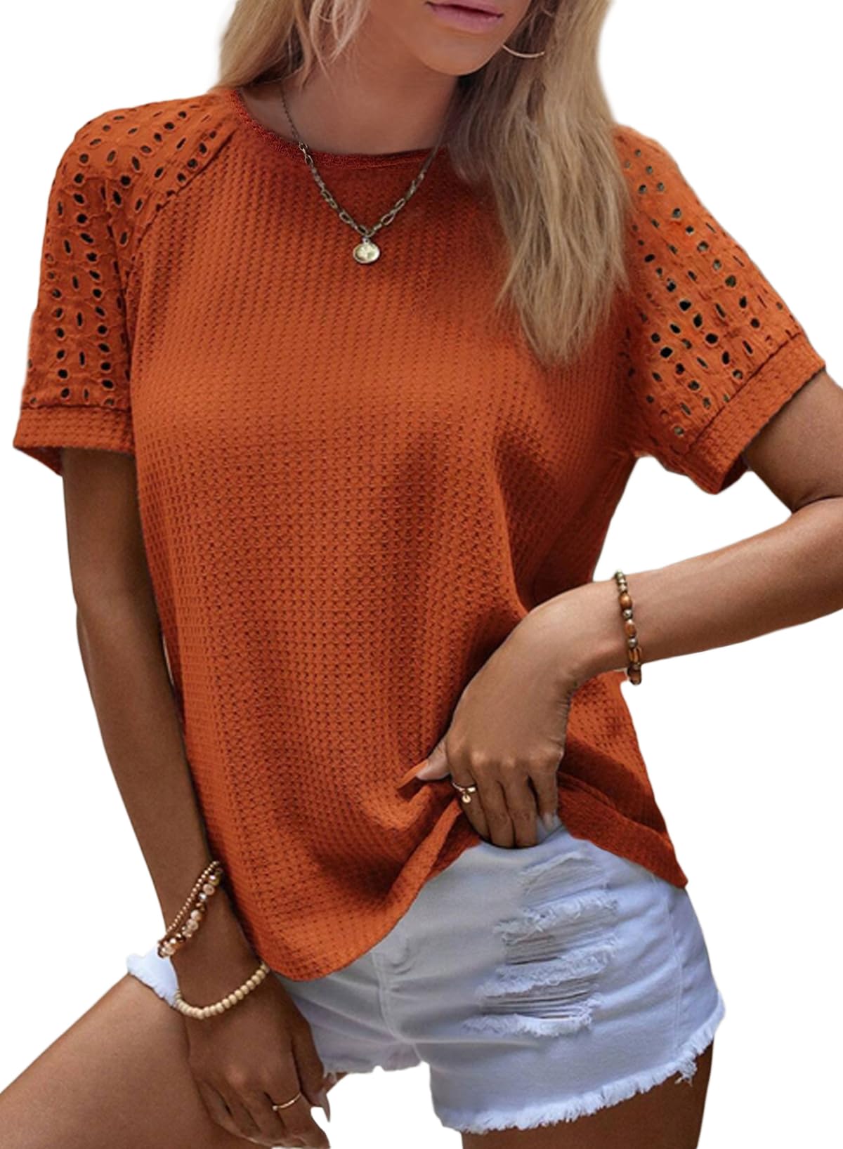 ✨Women's Casual Crew Neck Hollow Out Raglan Short Sleeve Waffle Knit Tops(buy 3 free shipping)