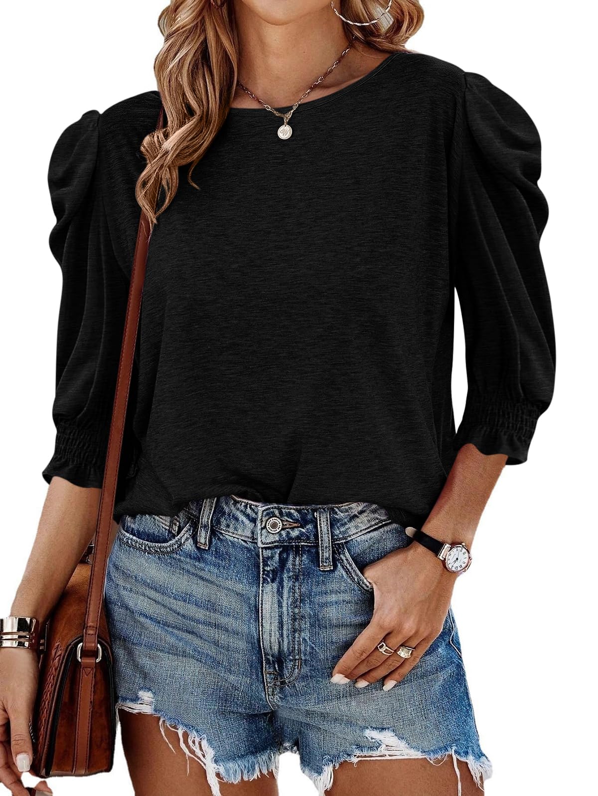 ✨Fall Womens 3/4 Length Puff Sleeve Tops Trendy T Shirts with Smocked Cuffs(BUY 2 FREE SHIPPING)