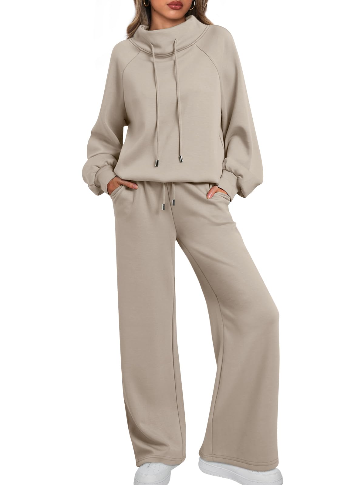 NEW 🔥 Women's Cotton Two-Piece Oversized Round NeckDrawstring Sweatshirt Wide Leg Sweatpants Casual Set