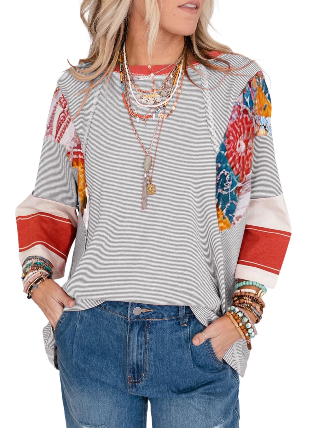 ✨Women's 3/4 Length Sleeve Oversized Striped Patchwork Shirts(buy 2 free shipping)