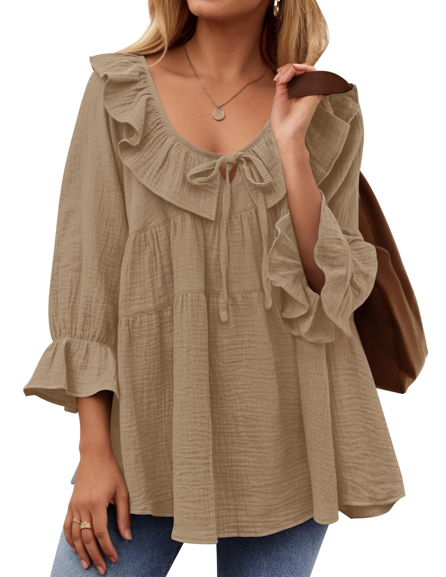 ✨2025 New Women’s Scoop Neck 3/4 Length Sleeve Tie Front Ruffle Tiered Tunic Shirts(buy 2 free shipping)