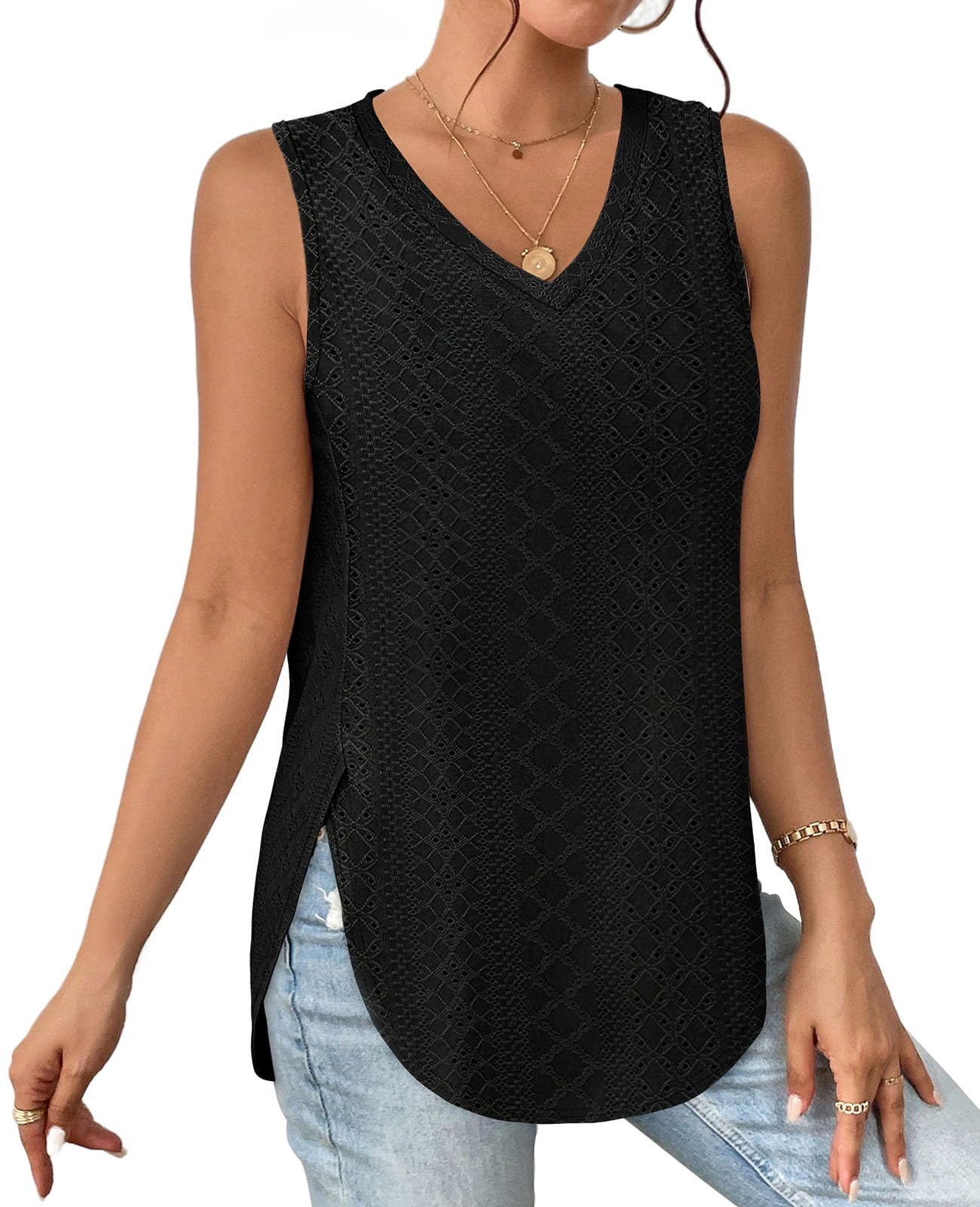 ✨ Womens V Neck Eyelet Embroidery Casaul Sleeveless Shirts(BUY 3 FREE SHIPPING)