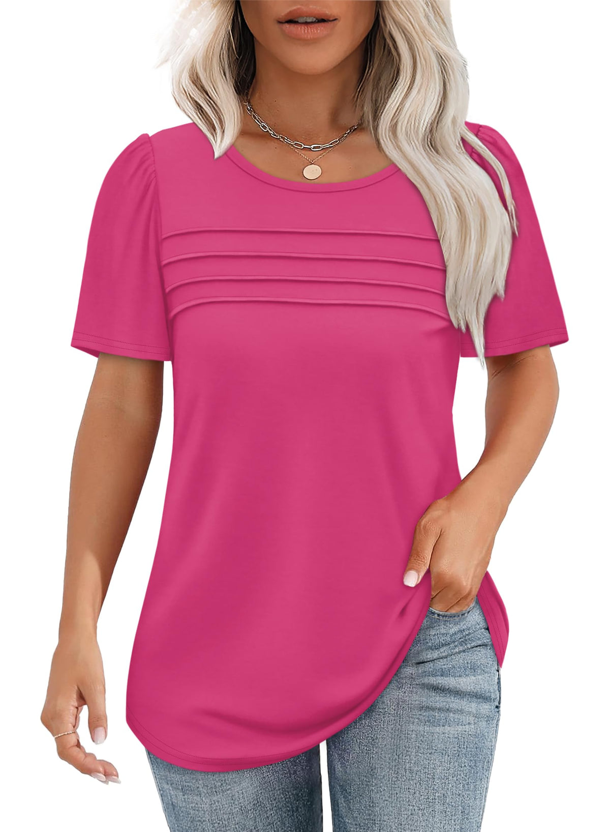 ✨Women's Short Sleeve Pleated Front Scooped Neck Tops(buy 3 free shipping)