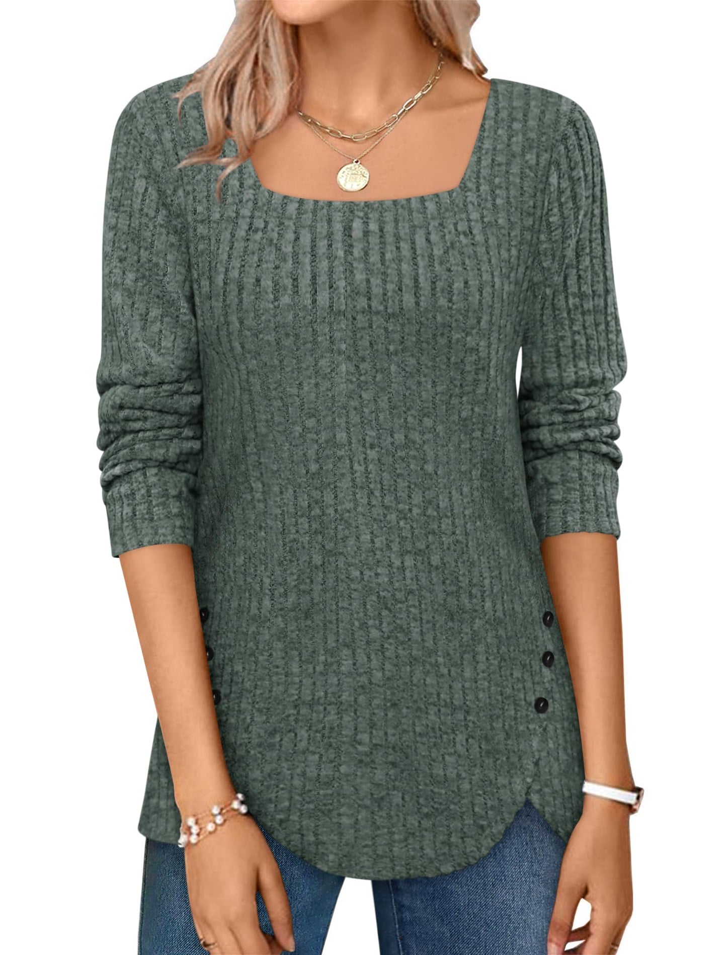 ✨Squared Neck Sweater Ribbed Knit Tunic Tee Shirts(Buy 2 Free Shipping)
