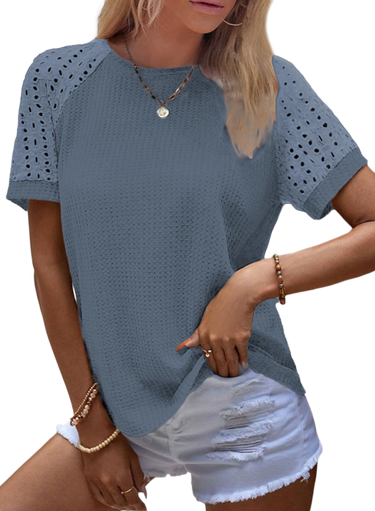 ✨Women's Casual Crew Neck Hollow Out Raglan Short Sleeve Waffle Knit Tops(buy 3 free shipping)
