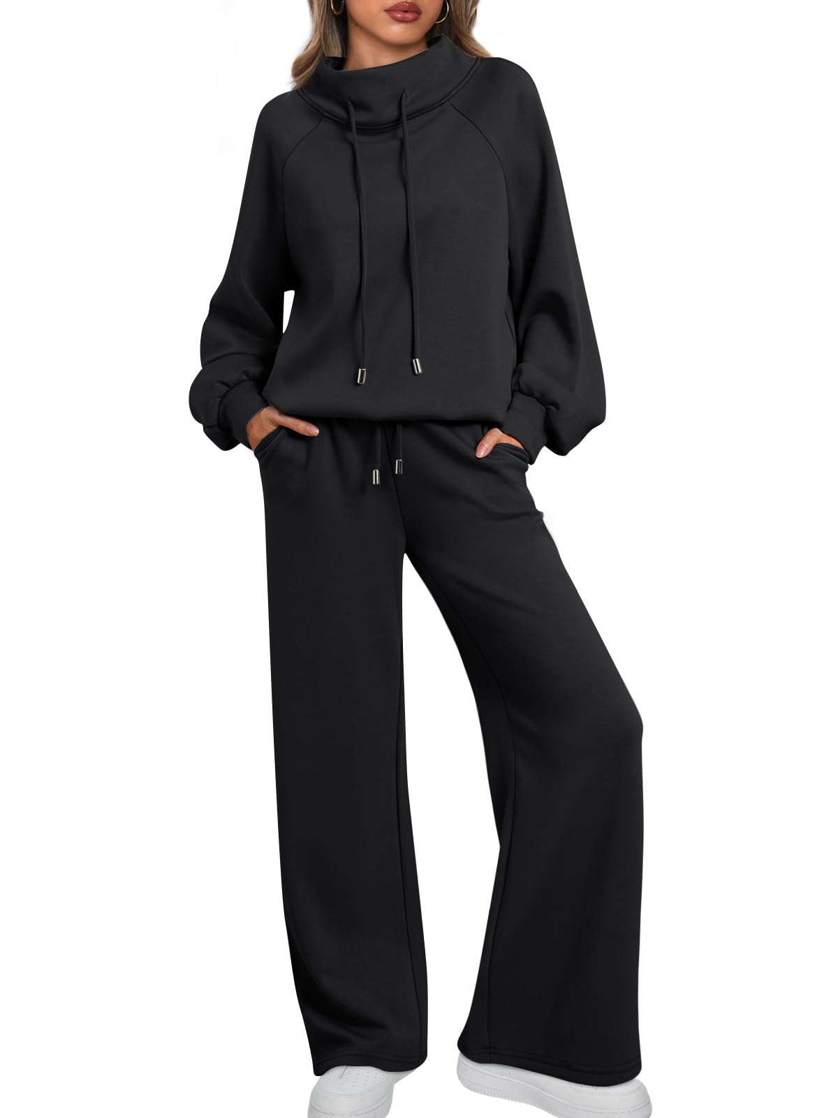 NEW 🔥 Women's Cotton Two-Piece Oversized Round NeckDrawstring Sweatshirt Wide Leg Sweatpants Casual Set