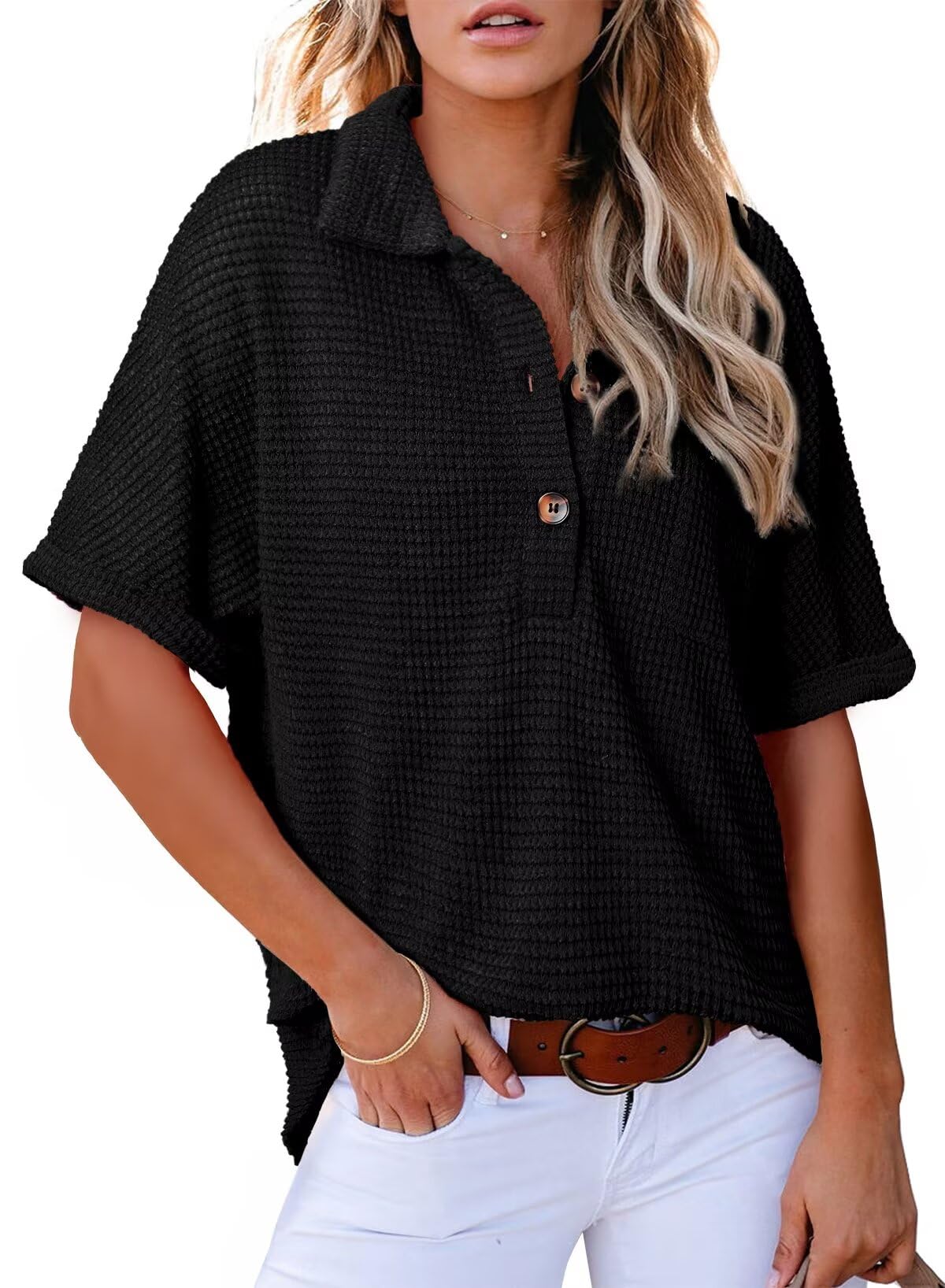 ✨2025 New Women's Waffle Knit Short Sleeve Tunic Henley Shirts
