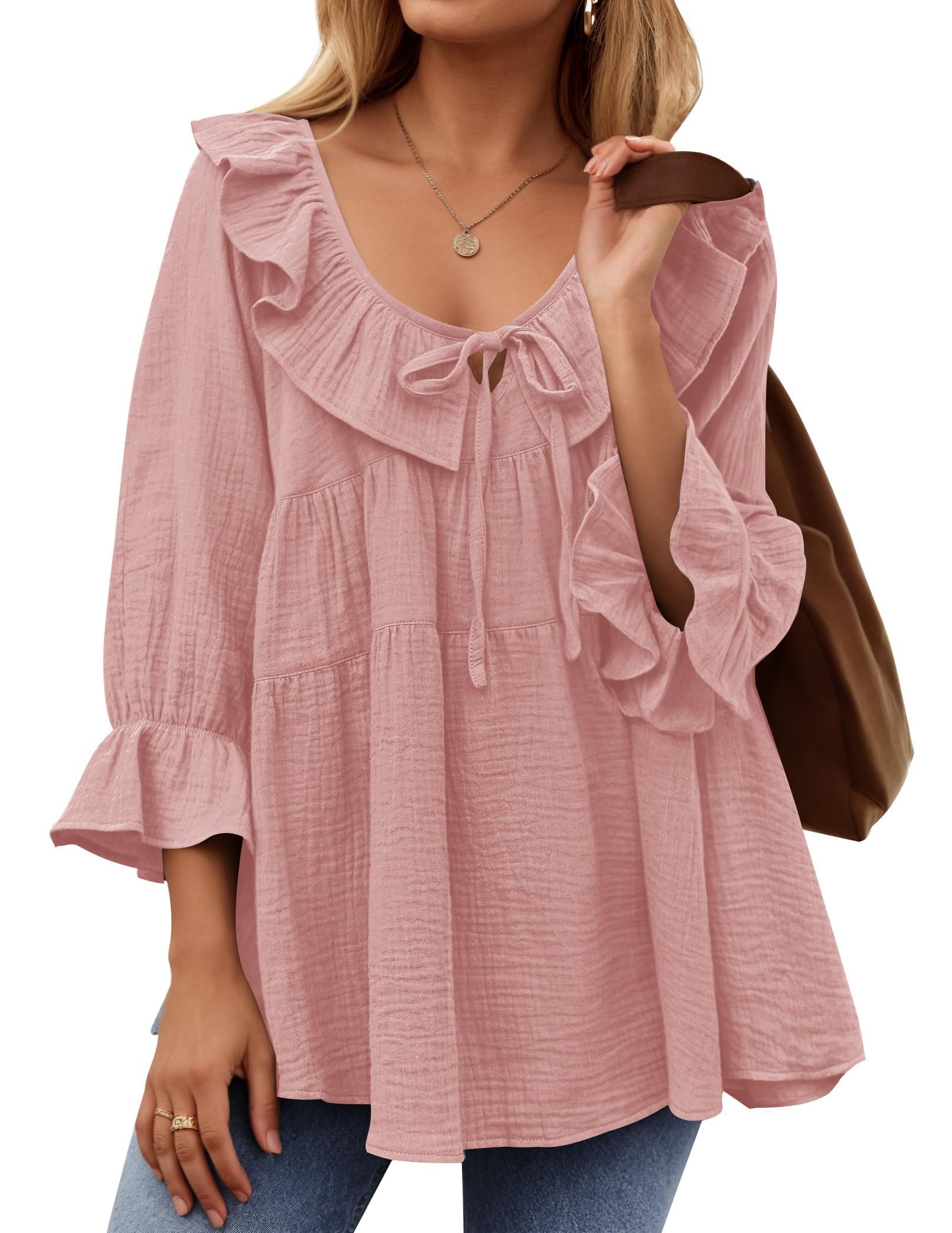 ✨2025 New Women’s Scoop Neck 3/4 Length Sleeve Tie Front Ruffle Tiered Tunic Shirts(buy 2 free shipping)