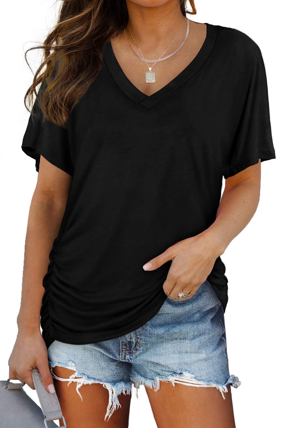 ✨Women's Short Sleeve V Neck Dolman Tops with Side Shirring(buy 3 free shipping)