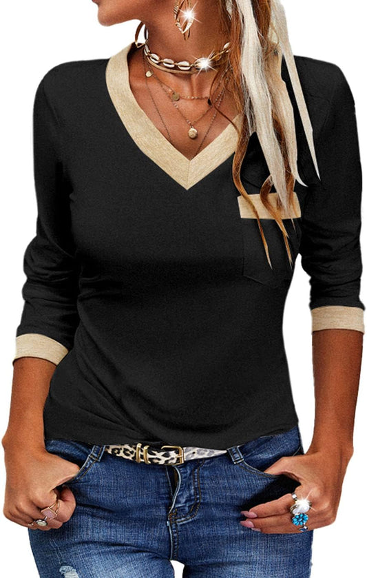 ✨Womens Long Sleeve T Shirts Casual V Neck Color Block Tunic Tops