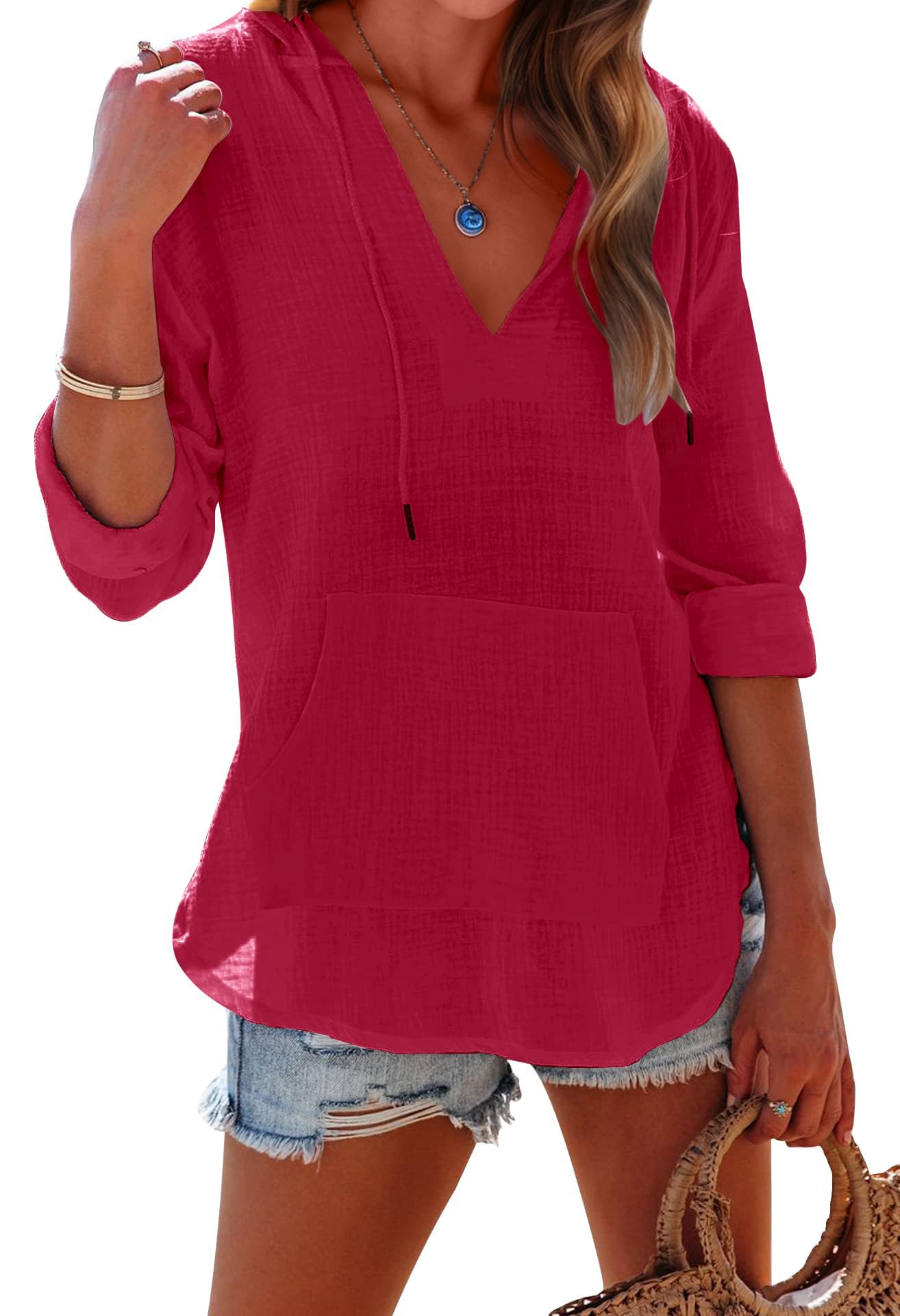 ✨ Women's Long Sleeve V Neck Pocketed Hooded Shirt Top(buy 2 free shipping)