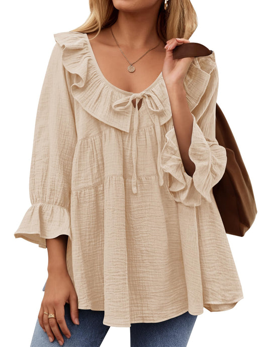 ✨2025 New Women’s Scoop Neck 3/4 Length Sleeve Tie Front Ruffle Tiered Tunic Shirts(buy 2 free shipping)
