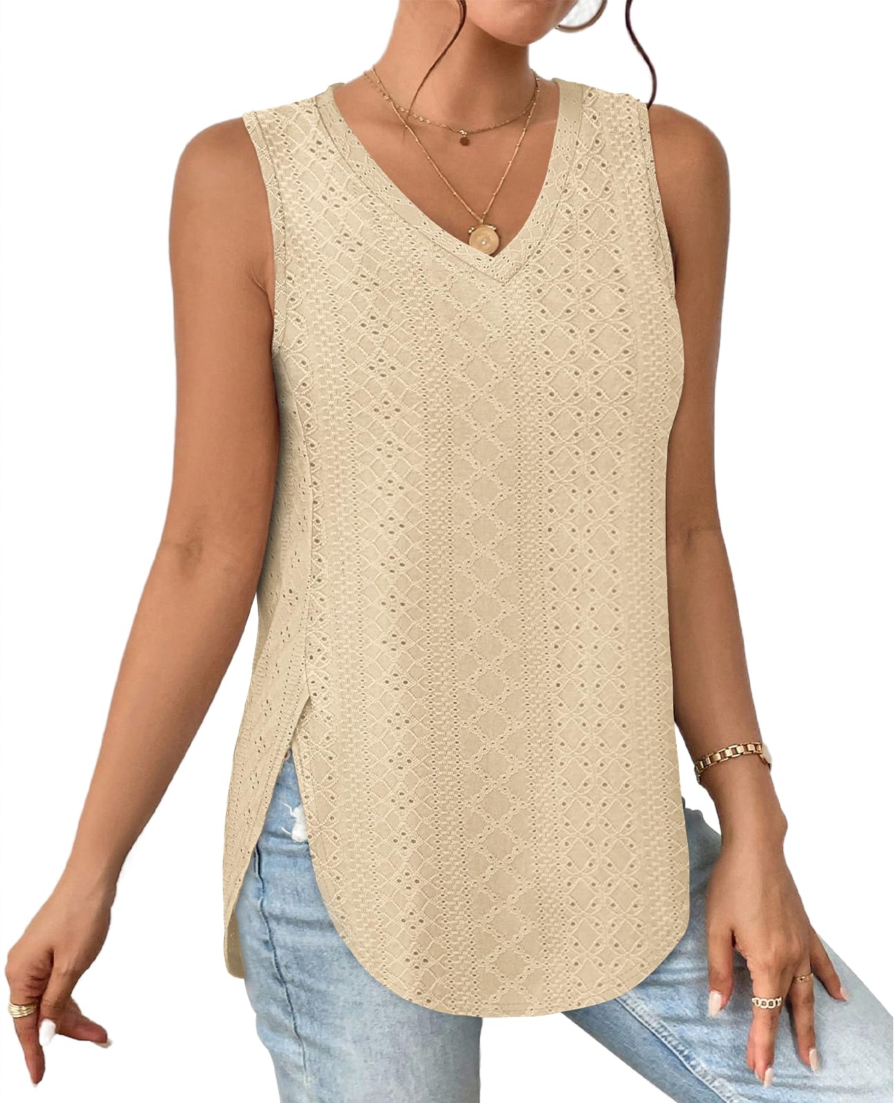 ✨ Womens V Neck Eyelet Embroidery Casaul Sleeveless Shirts(BUY 3 FREE SHIPPING)