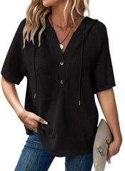 ✨Women's Waffle Knit Button V Neck Short Sleeve Lightweight Drawstring Hoodies(BUY 2 10% off)