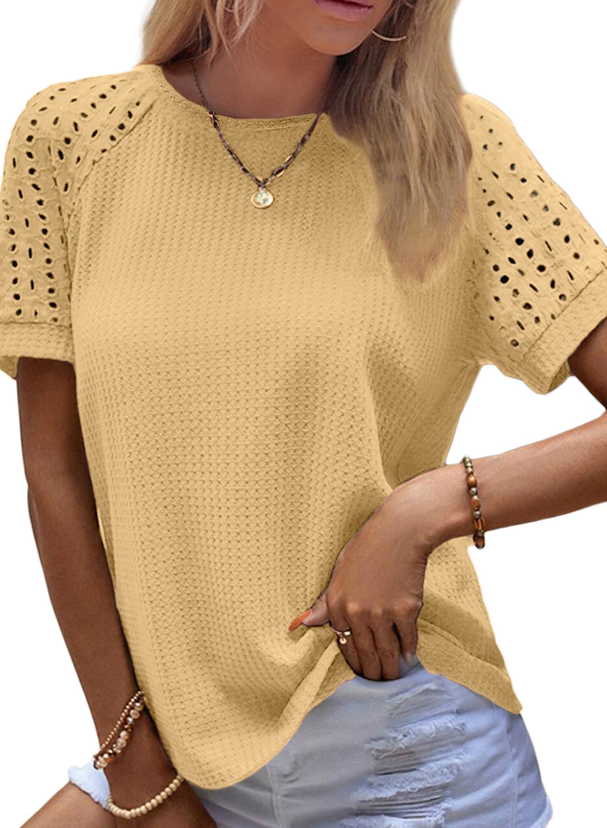 ✨Women's Casual Crew Neck Hollow Out Raglan Short Sleeve Waffle Knit Tops(buy 3 free shipping)