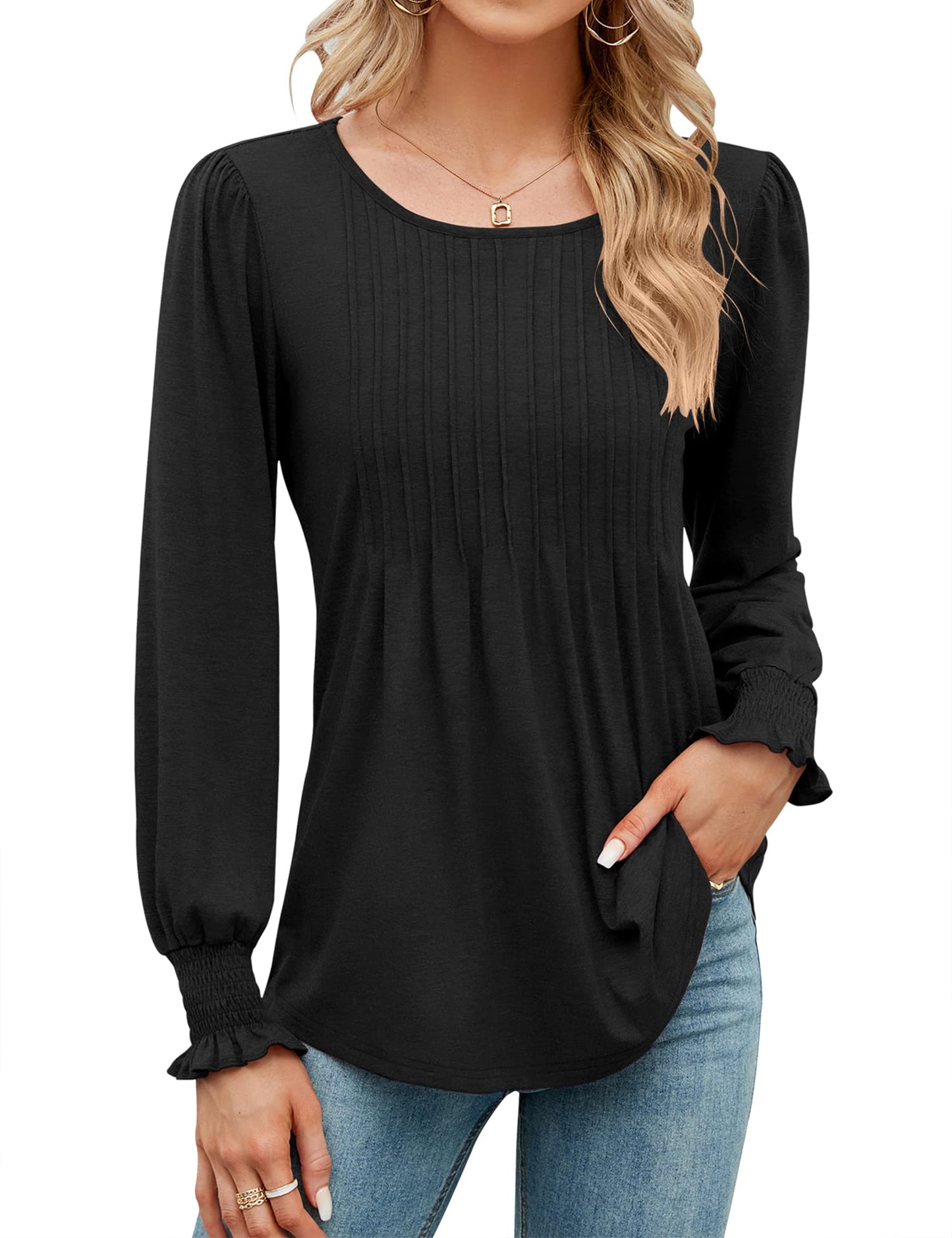 ✨Fall New Women's Pleated Puff Long Sleeve Tunic Tops(buy 2 free shipping)