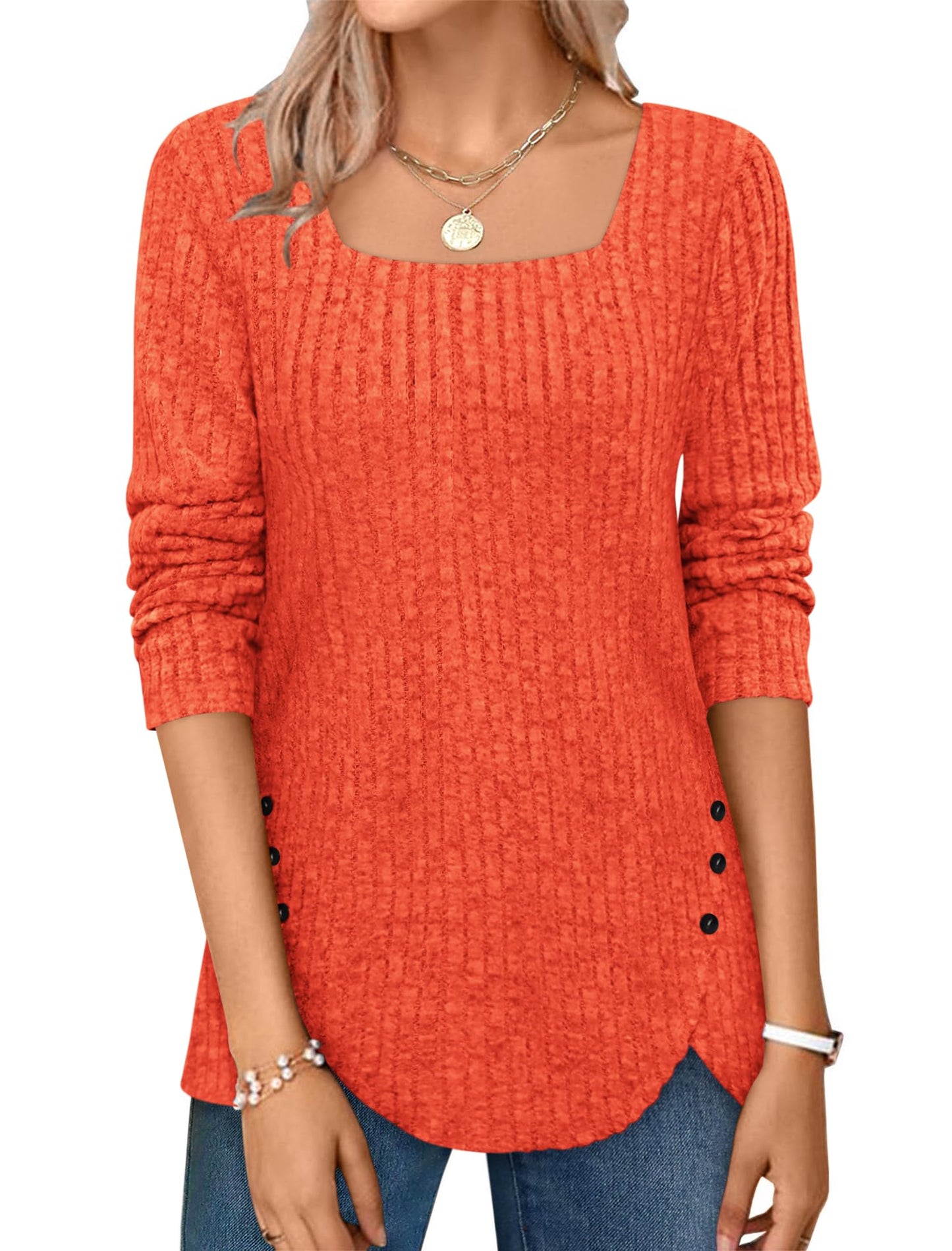 ✨Squared Neck Sweater Ribbed Knit Tunic Tee Shirts(Buy 2 Free Shipping)