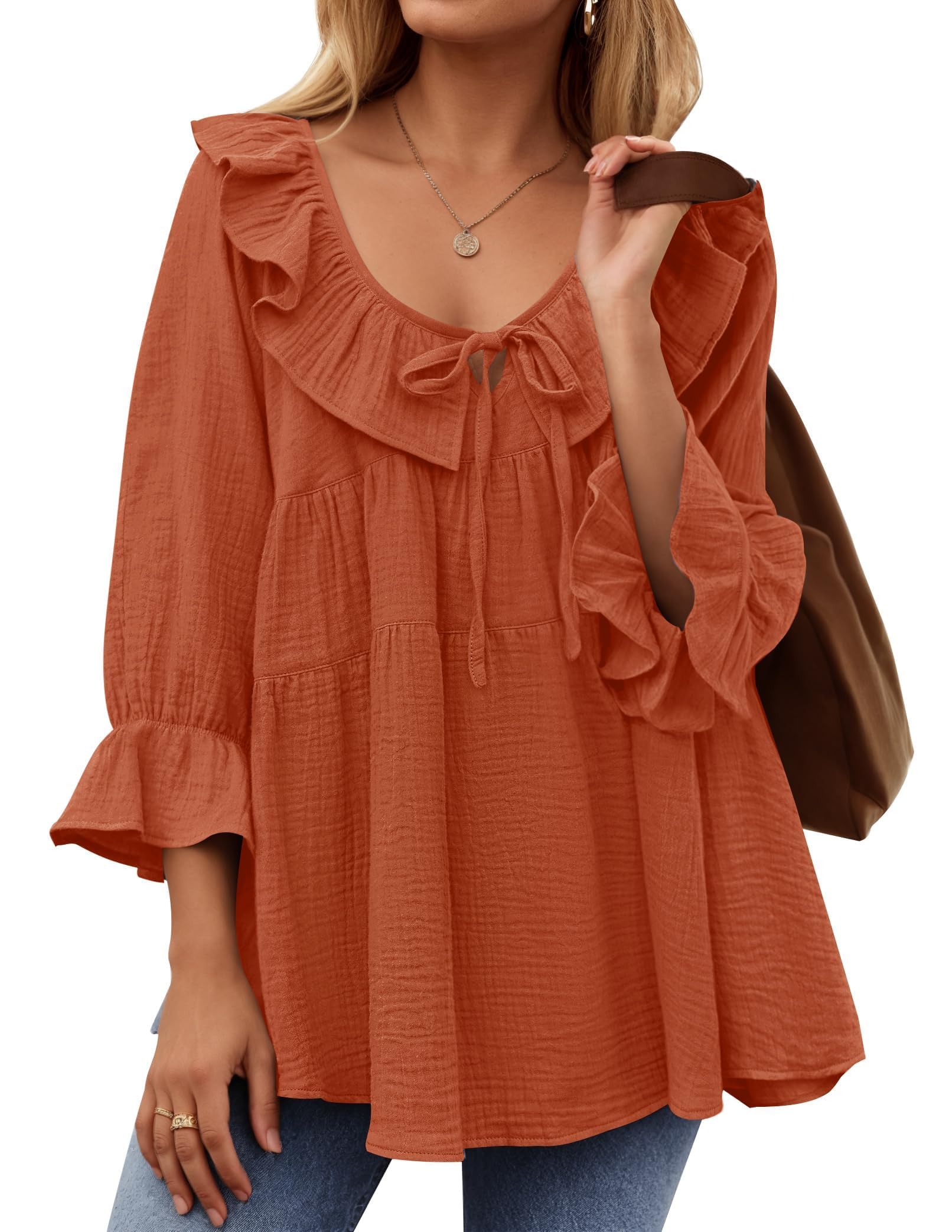 ✨2025 New Women’s Scoop Neck 3/4 Length Sleeve Tie Front Ruffle Tiered Tunic Shirts(buy 2 free shipping)
