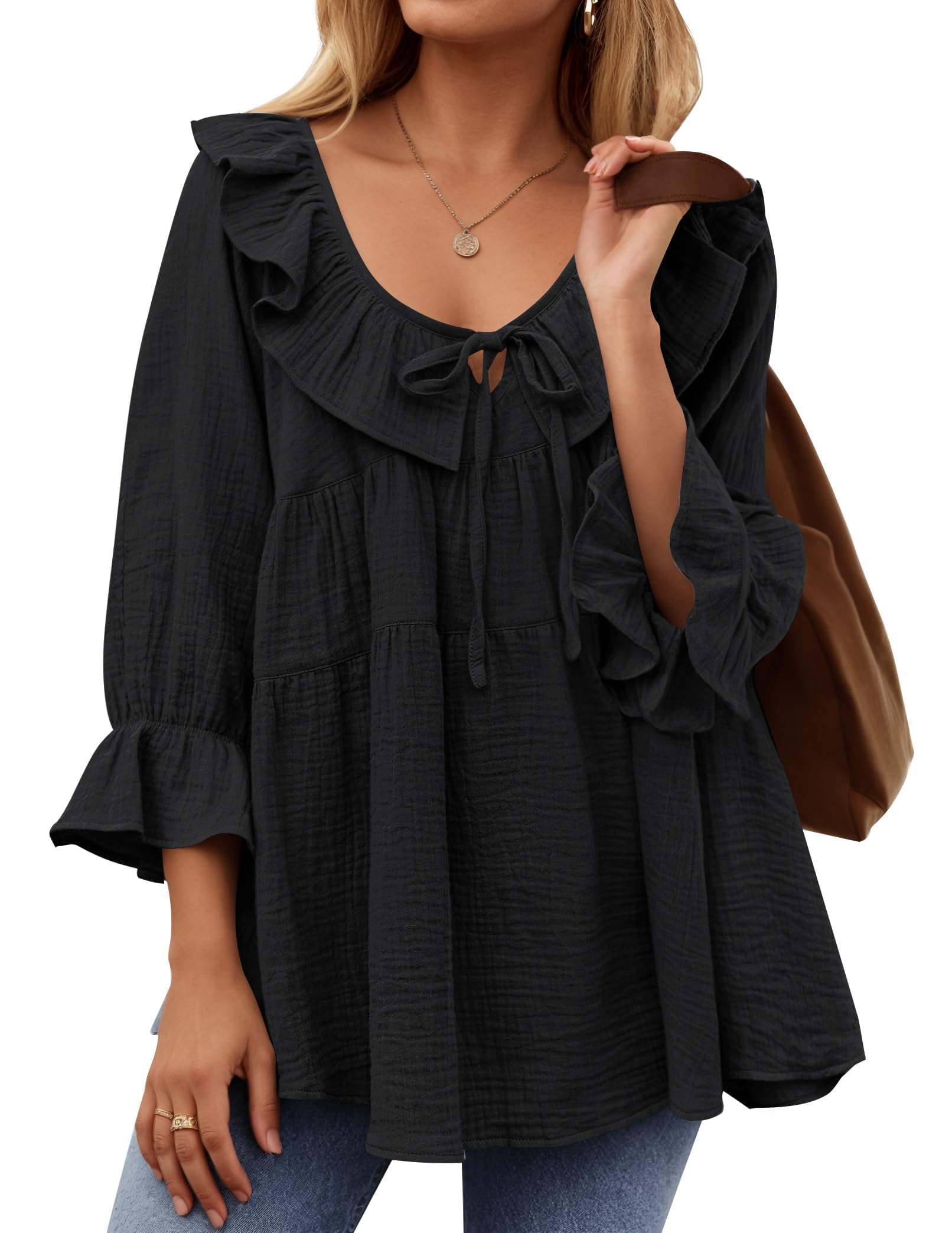 ✨2025 New Women’s Scoop Neck 3/4 Length Sleeve Tie Front Ruffle Tiered Tunic Shirts(buy 2 free shipping)