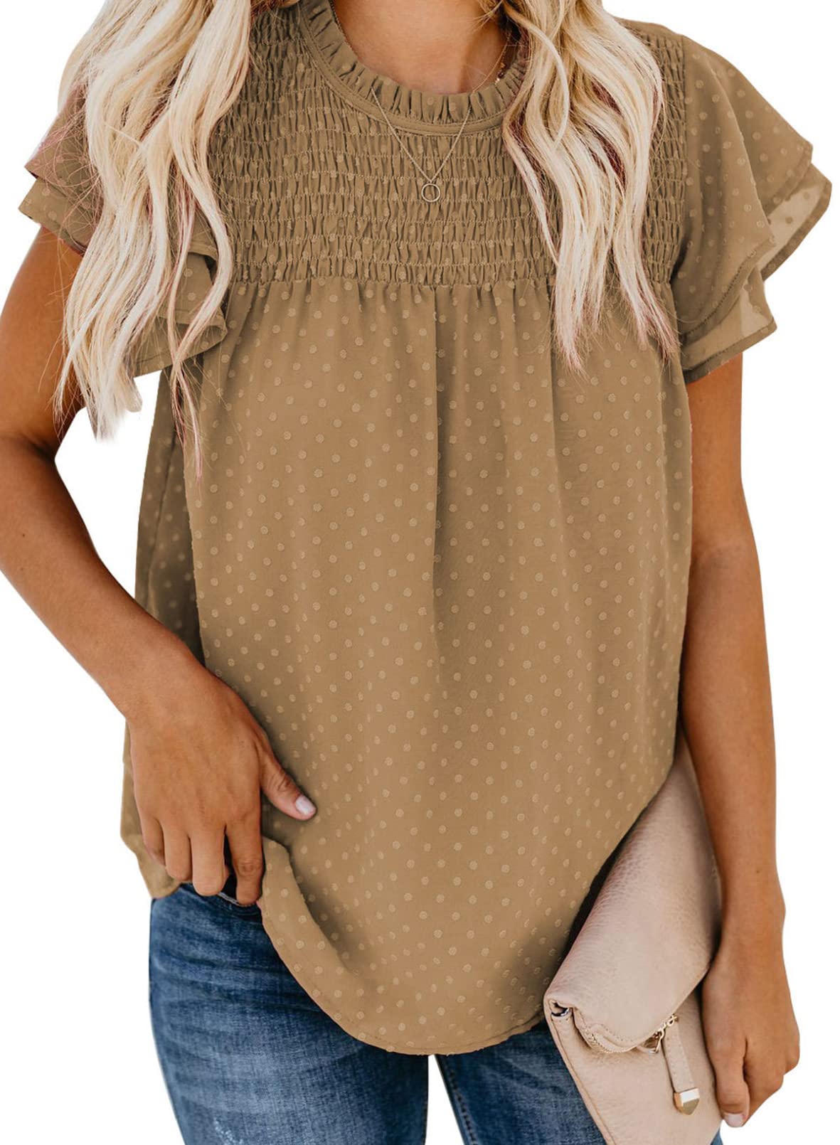 ✨Womens Crewneck Lace Crochet Pom Pom Flowy Short Sleeve Casual Shirts Blouses