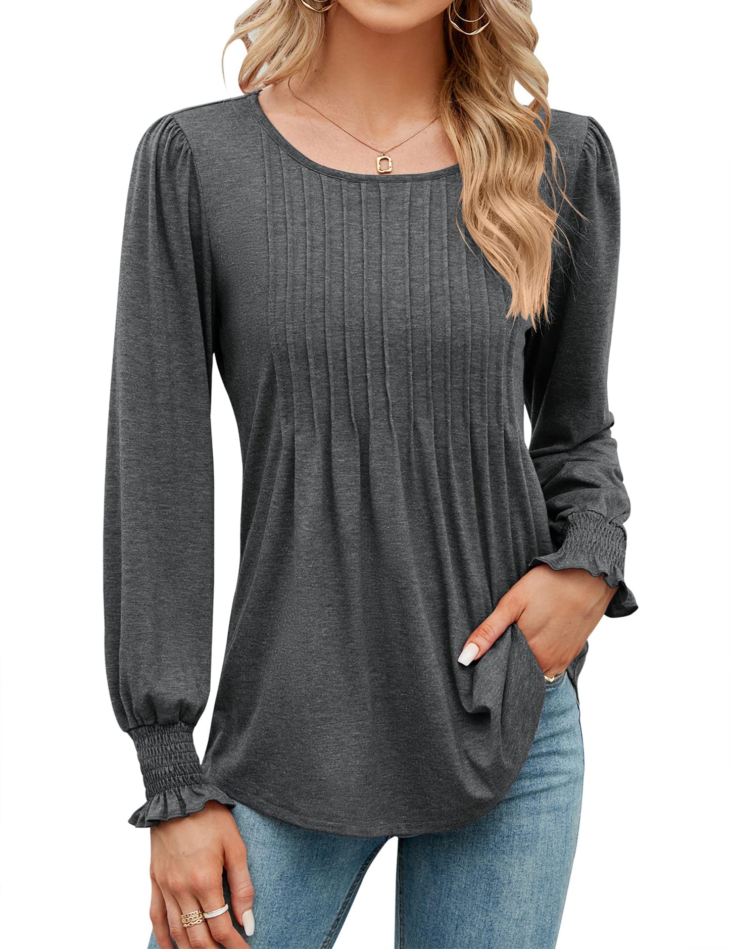 ✨Fall New Women's Pleated Puff Long Sleeve Tunic Tops(buy 2 free shipping)