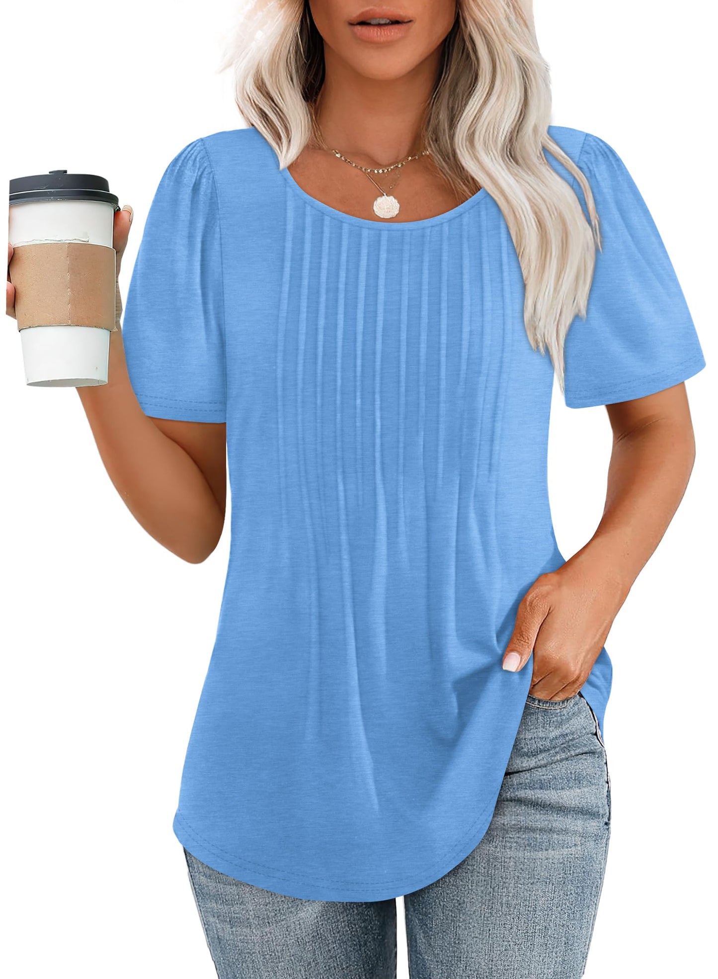 🌞Women's Short Sleeve Pleated Dressy Casual Scooped Neck Tops (Buy 3 Free Shipping)