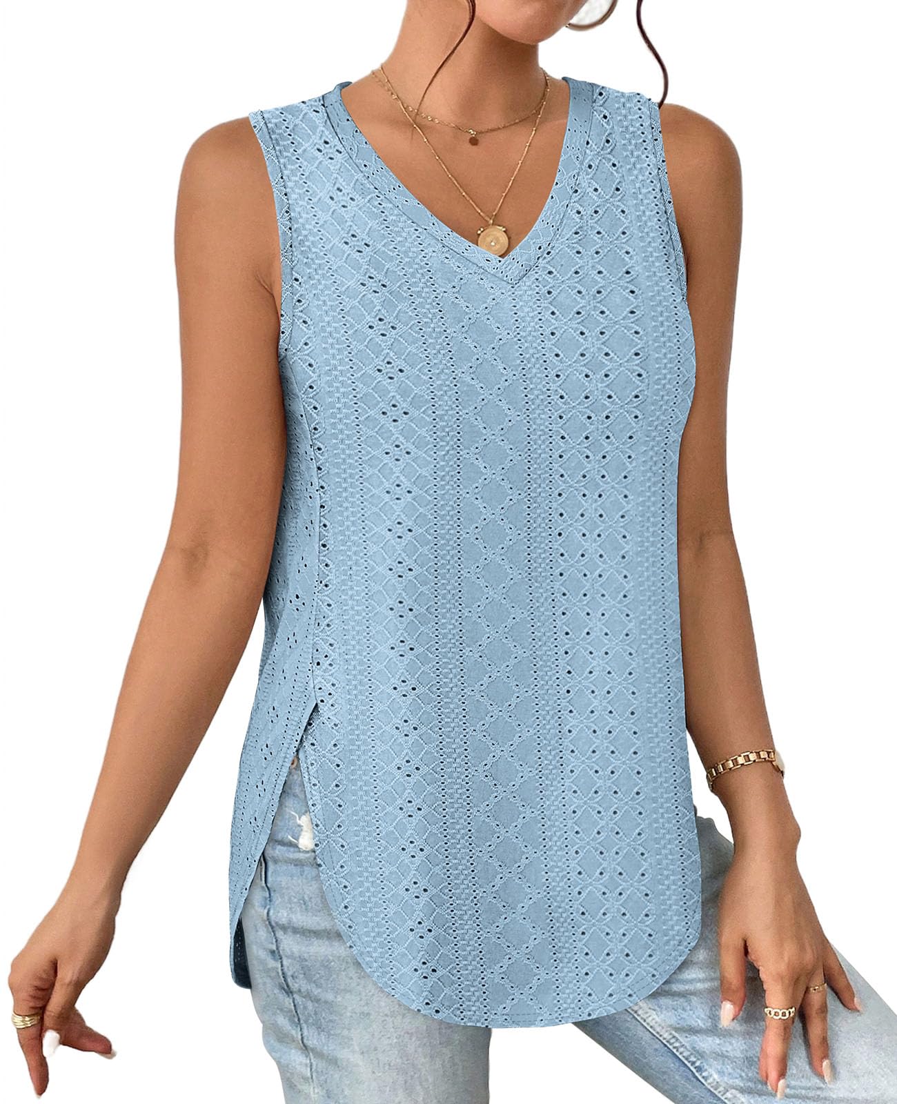 ✨ Womens V Neck Eyelet Embroidery Casaul Sleeveless Shirts(BUY 3 FREE SHIPPING)