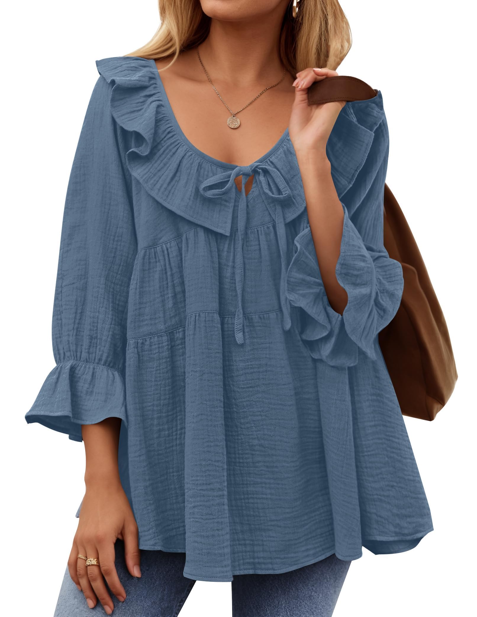 ✨2025 New Women’s Scoop Neck 3/4 Length Sleeve Tie Front Ruffle Tiered Tunic Shirts(buy 2 free shipping)