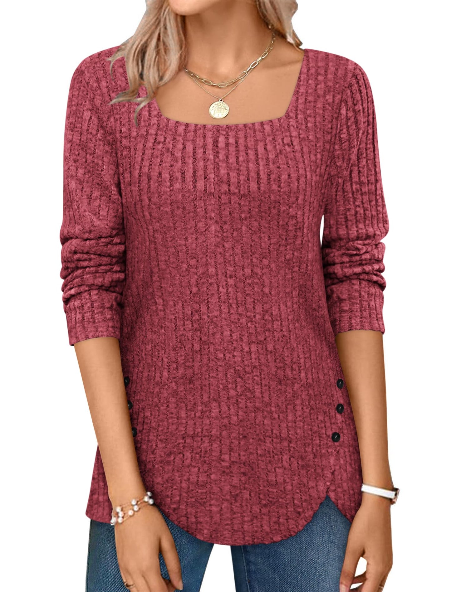 ✨Squared Neck Sweater Ribbed Knit Tunic Tee Shirts(Buy 2 Free Shipping)