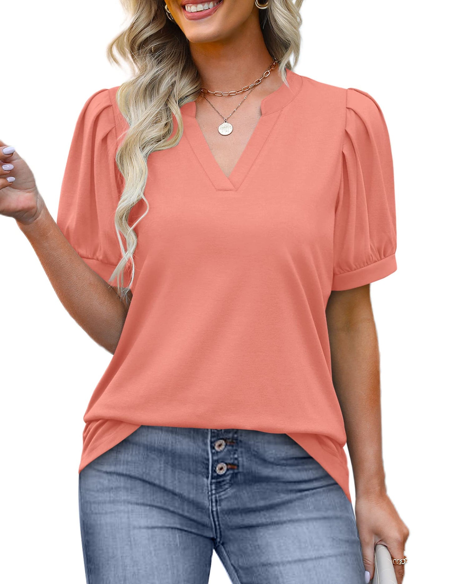 ✨Women's Pleated Puff Sleeve V Neck Tunic Tops(buy 3 free shipping)