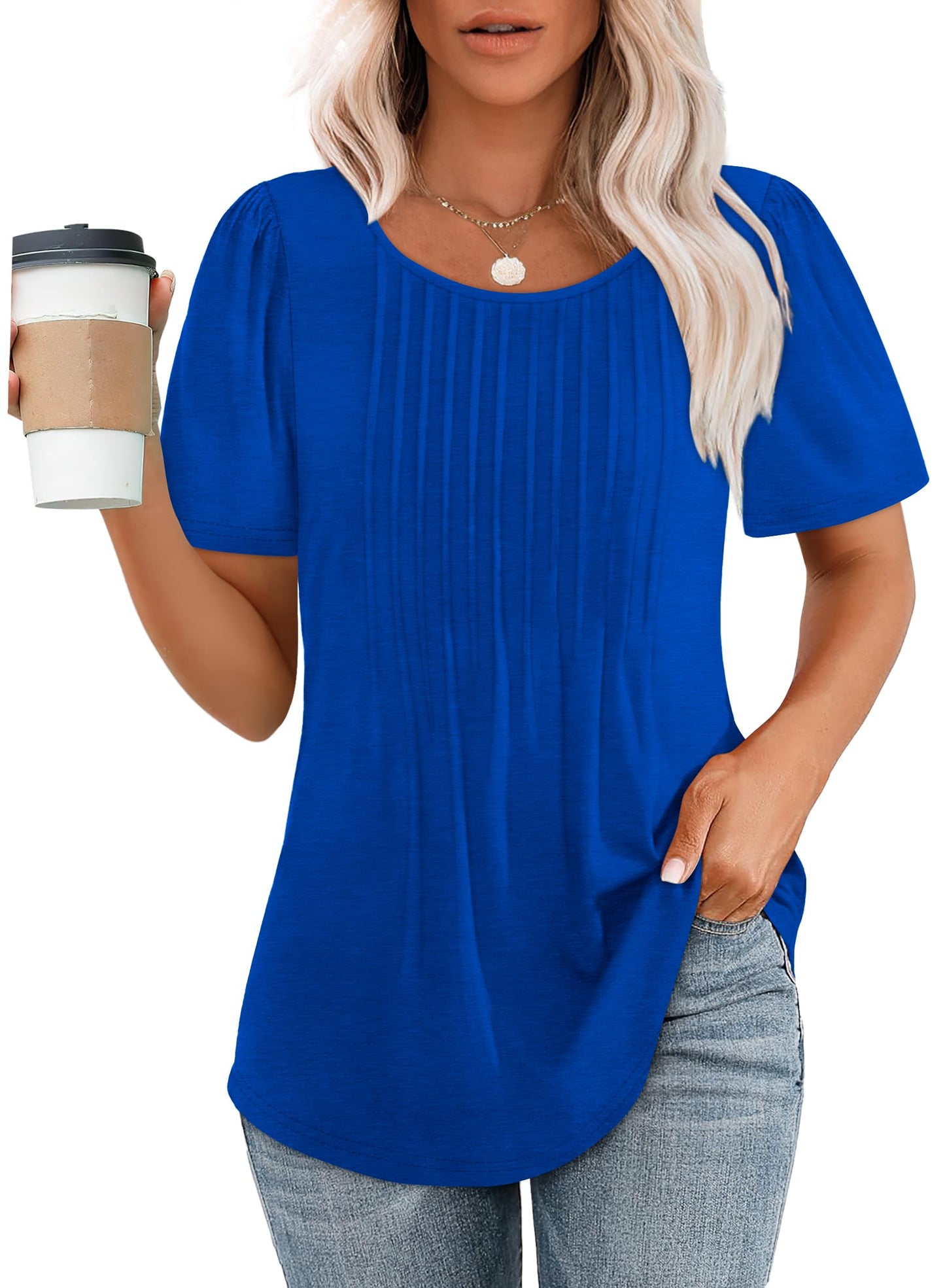 ✨Women's Short Sleeve Pleated Dressy Casual Scooped Neck Tops (Buy 3 Free Shipping)