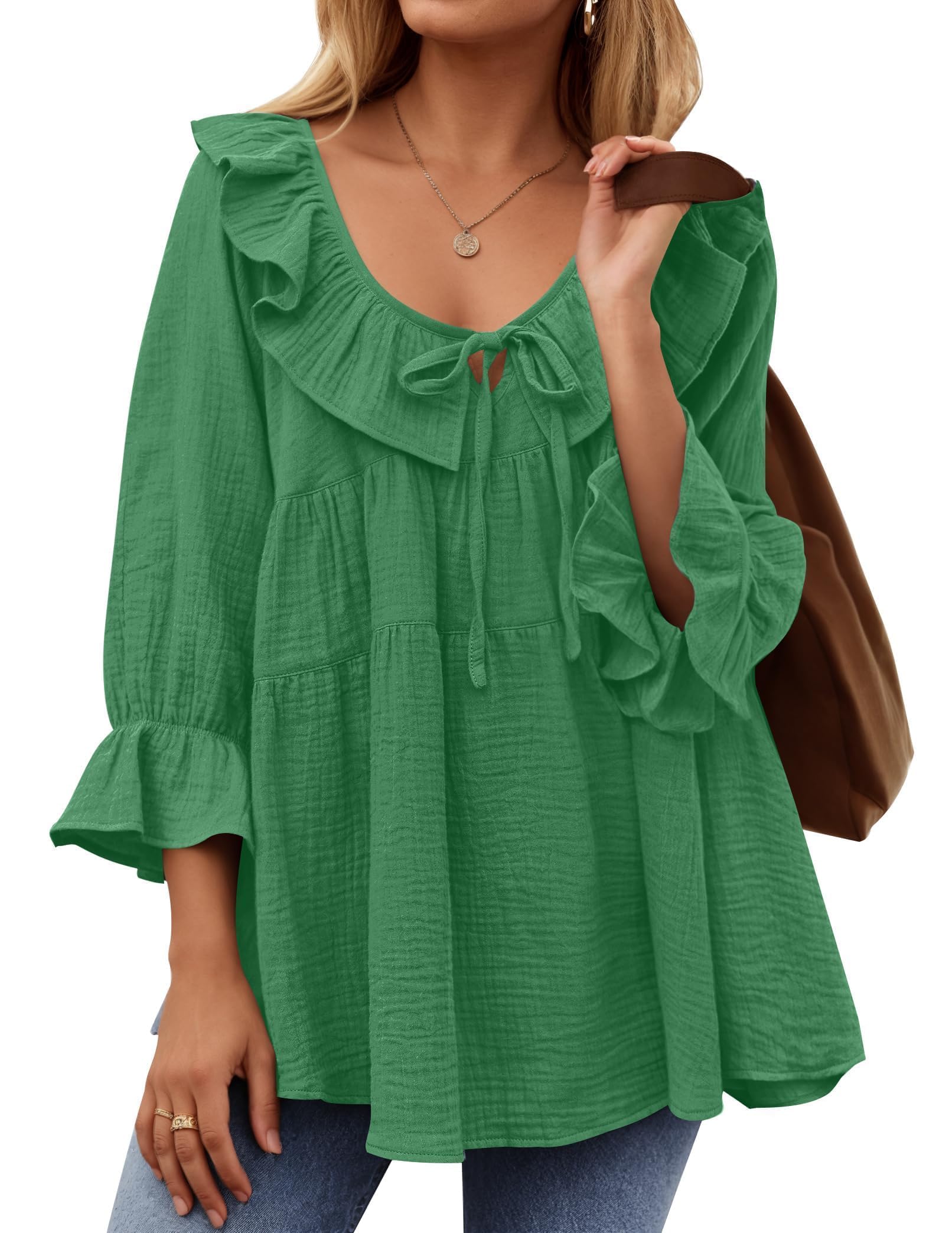 ✨2025 New Women’s Scoop Neck 3/4 Length Sleeve Tie Front Ruffle Tiered Tunic Shirts(buy 2 free shipping)